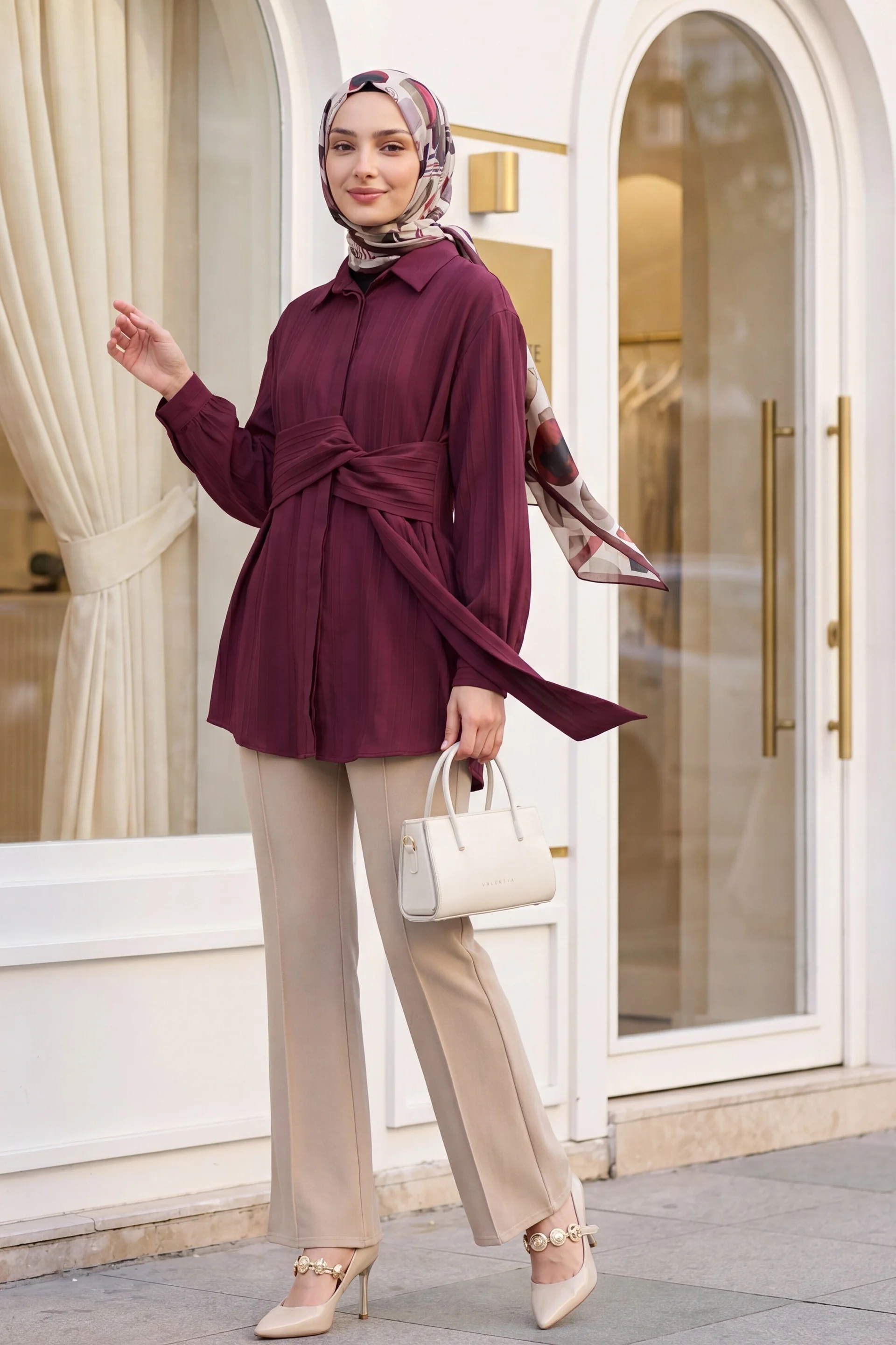 Burgundy Tie-Belt Crinkle Tunic with Ribbed Texture - Podyumplus - by Peralane - photo 5