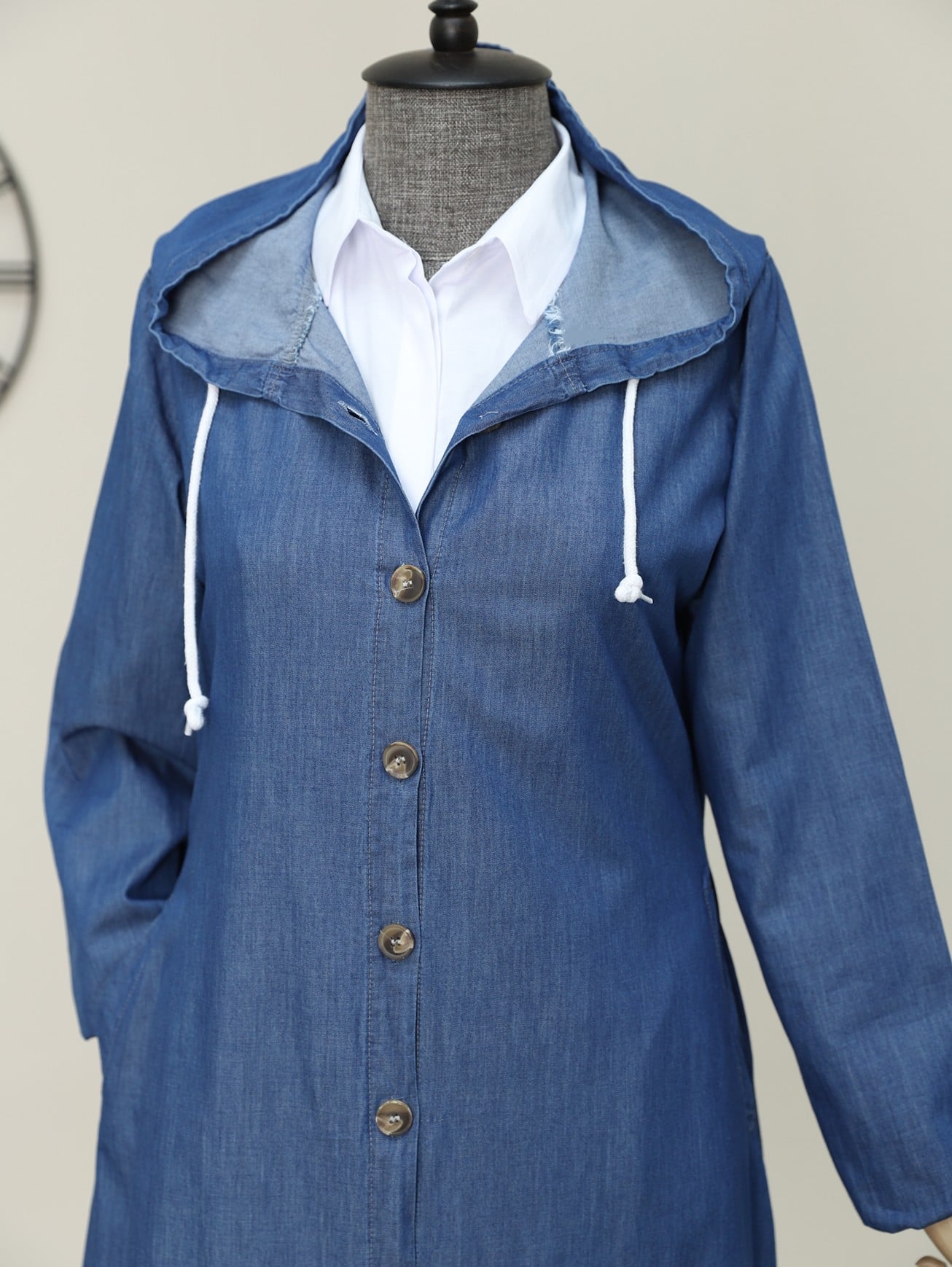 Long Denim Coat with Full Button Front and Hood - Indigo - Podyumplus - by Peralane - photo 4