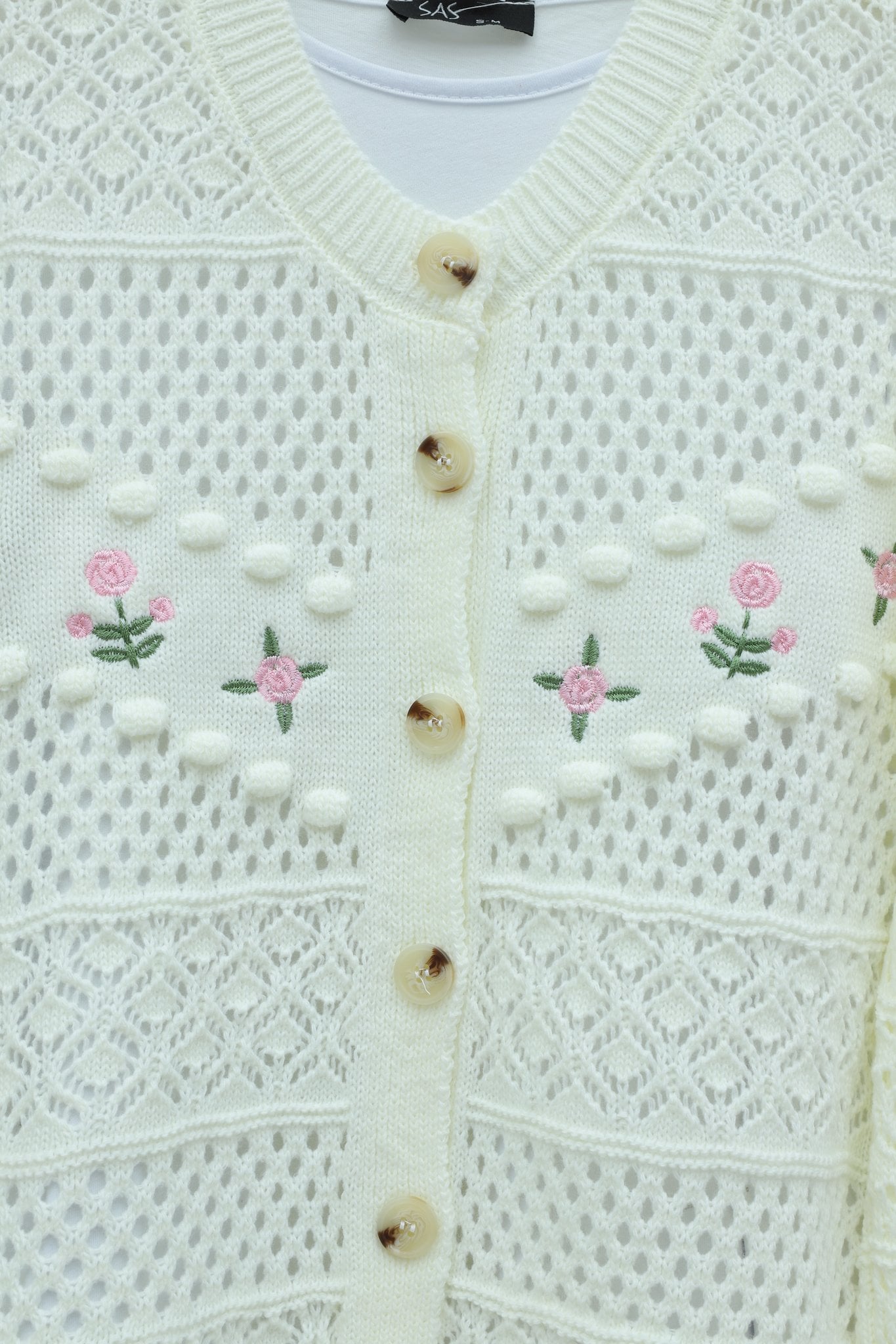 Cream Floral Embroidered Button Cardigan with Pom-Poms - Podyumplus - by Peralane - photo 5