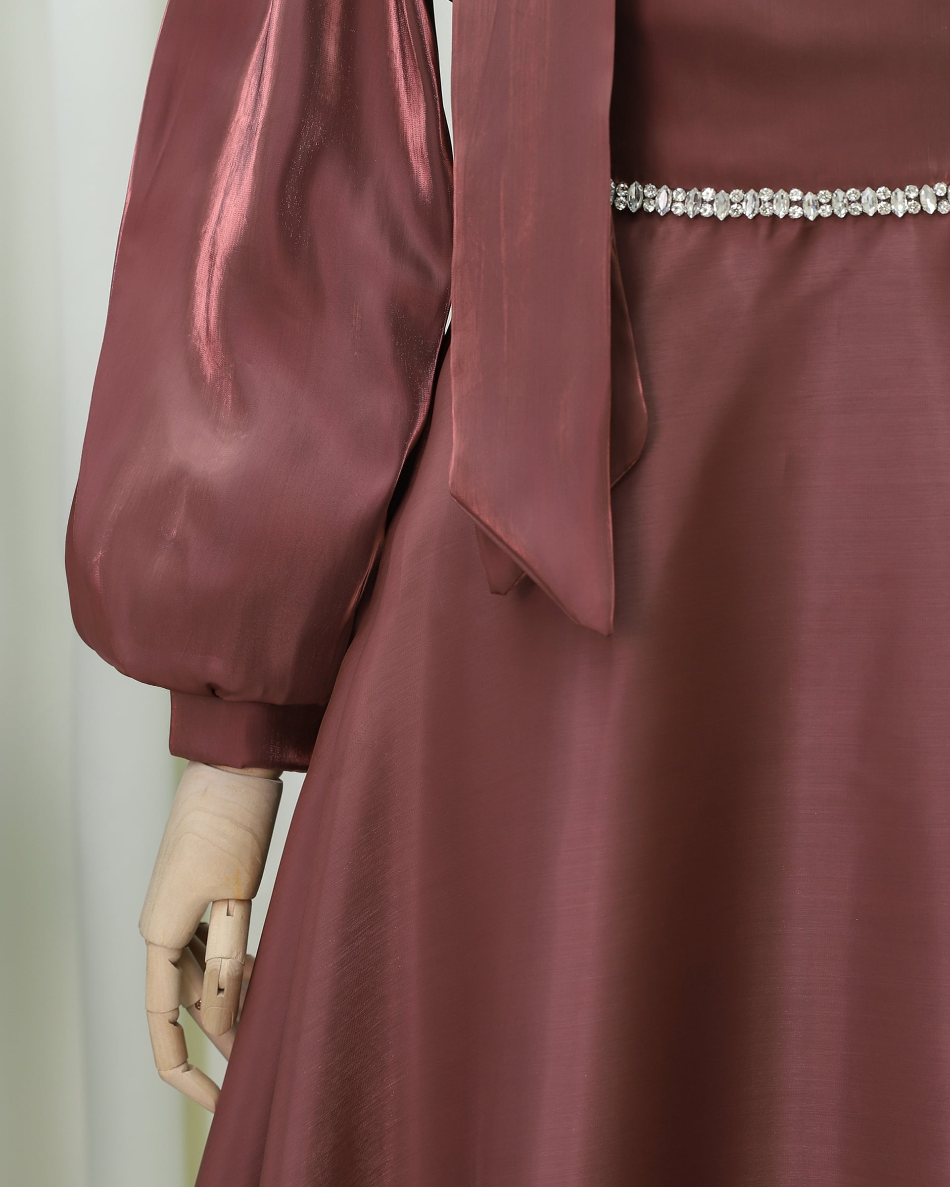 Rust Balloon Sleeve Evening Dress with Bow Neckline and Rhinestone Waist - Podyumplus - by Peralane - photo 5