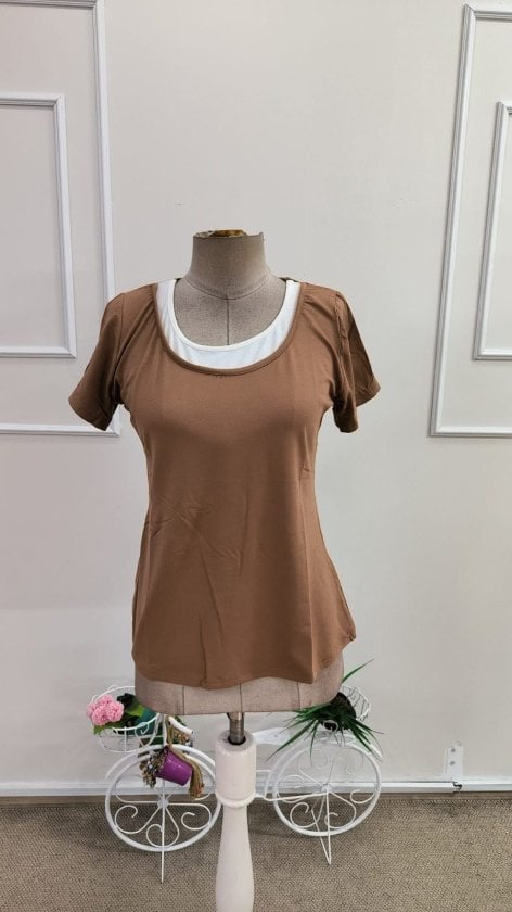 Women's Short-Sleeve Round Neck Two-Tone Viscose Blouse - Janes - by Peralane - photo 4