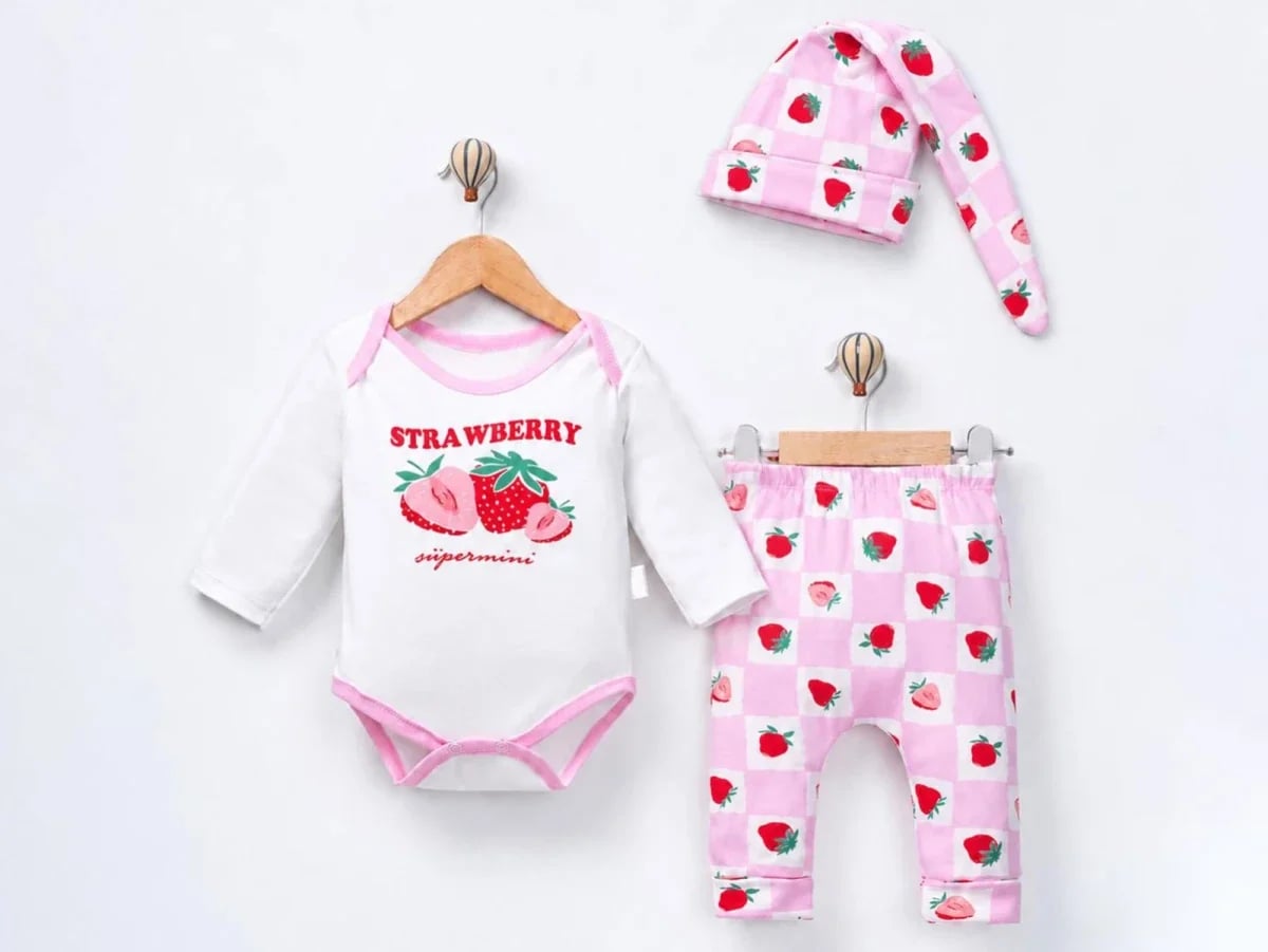 Strawberry Print 3-Piece Baby Girl Set - Bodysuit, Hat, Trousers - Supermini - by Peralane