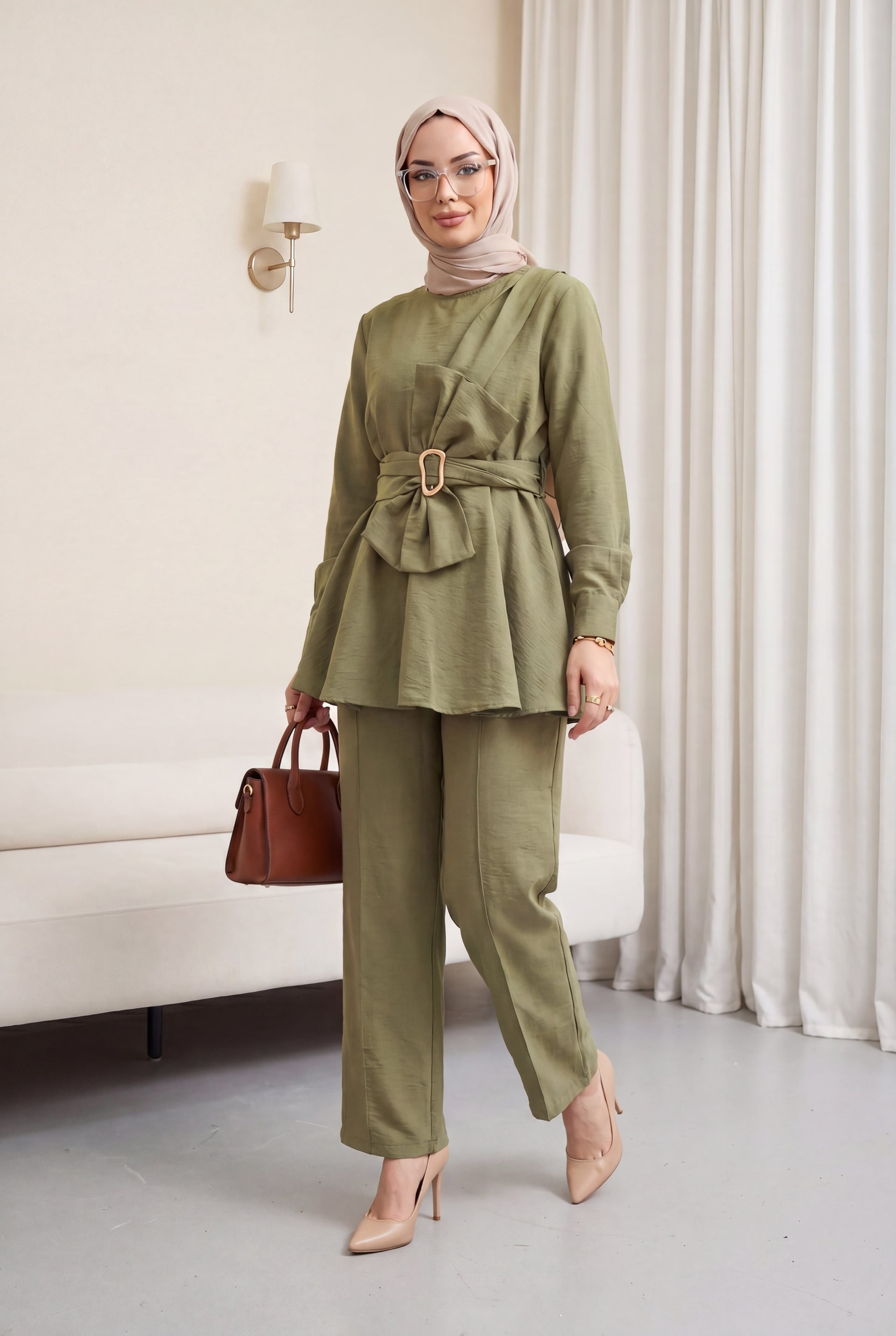 Belted Bow Detail Cupro Two-Piece Set with Trousers - Olive Green - Podyumplus - by Peralane
