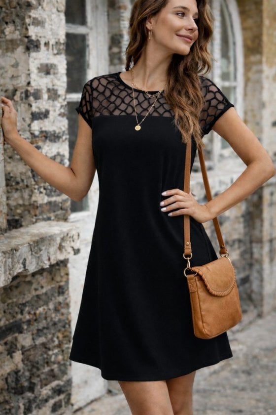 Women's Short-Sleeved Crew Neck Mesh Detail Crepe Dress - Janes - by Peralane - photo 2
