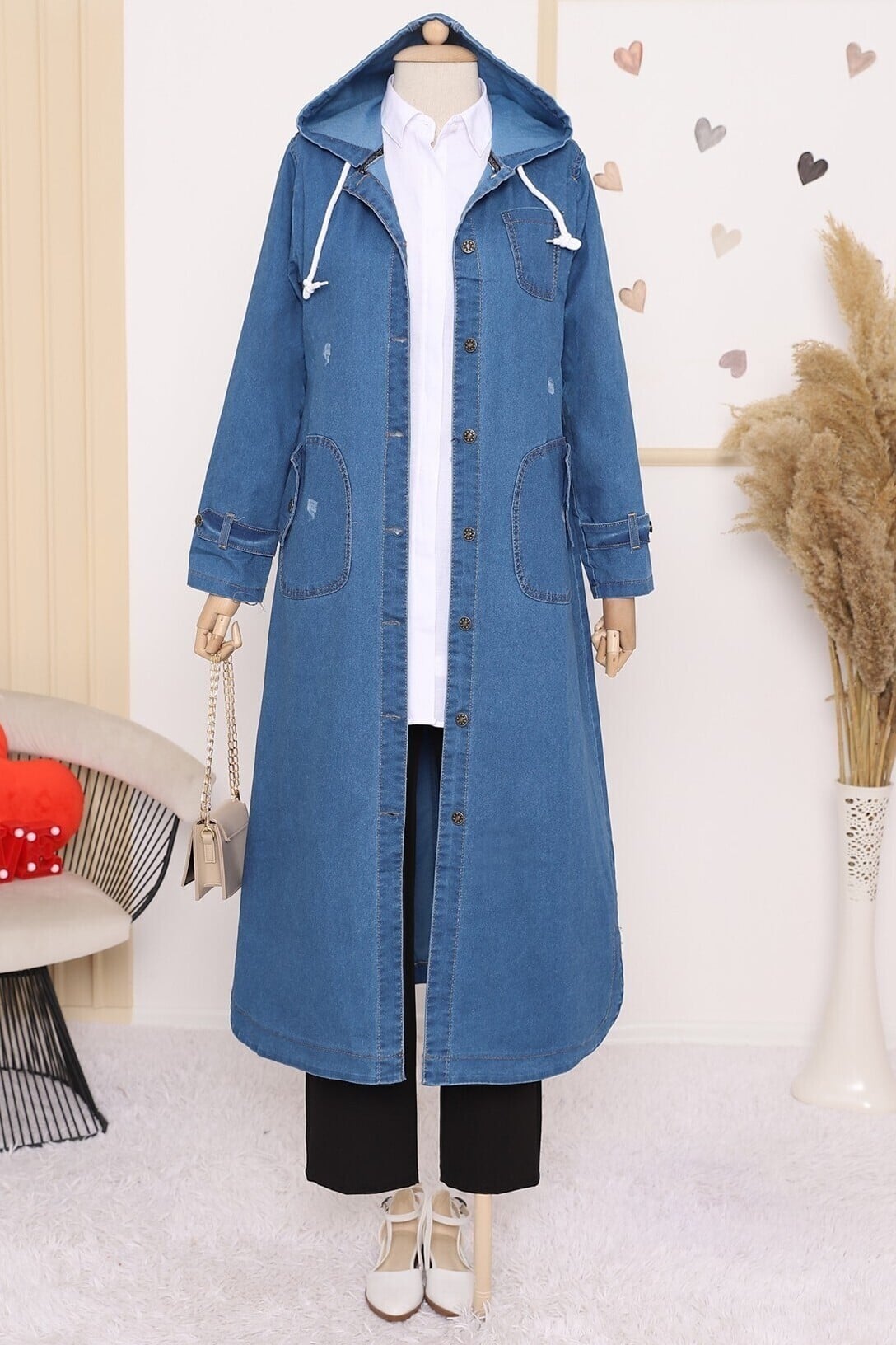 Women's Hooded Long Denim Coat in Dark Navy - Podyumplus - by Peralane - photo 3
