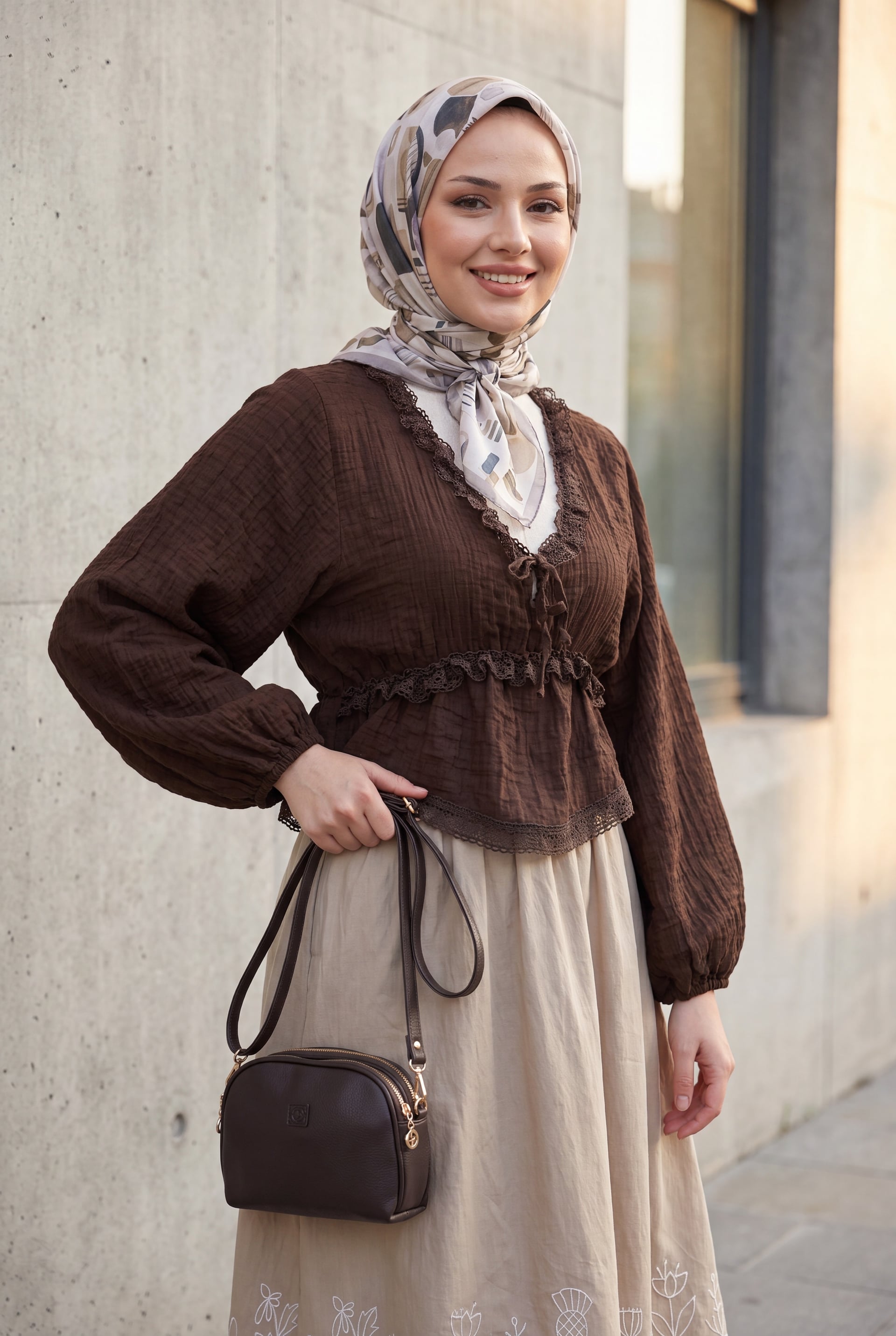 Brown Lace Trim Balloon Sleeve Wrap Blouse - Podyumplus - by Peralane
