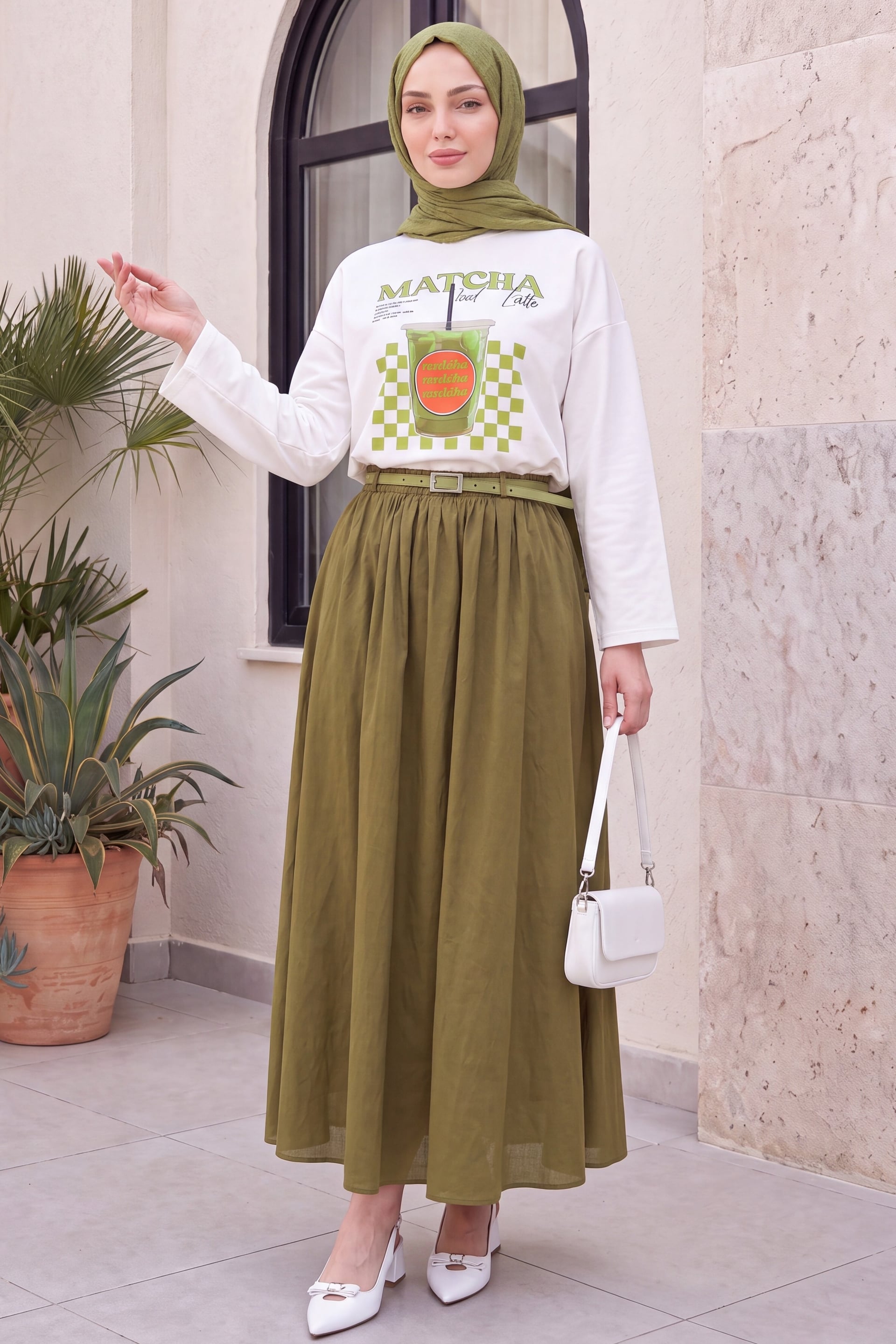 Matcha Print Crew Neck Oversize 2-Thread Fleece Sweatshirt - Ecru - Podyumplus - by Peralane - photo 6