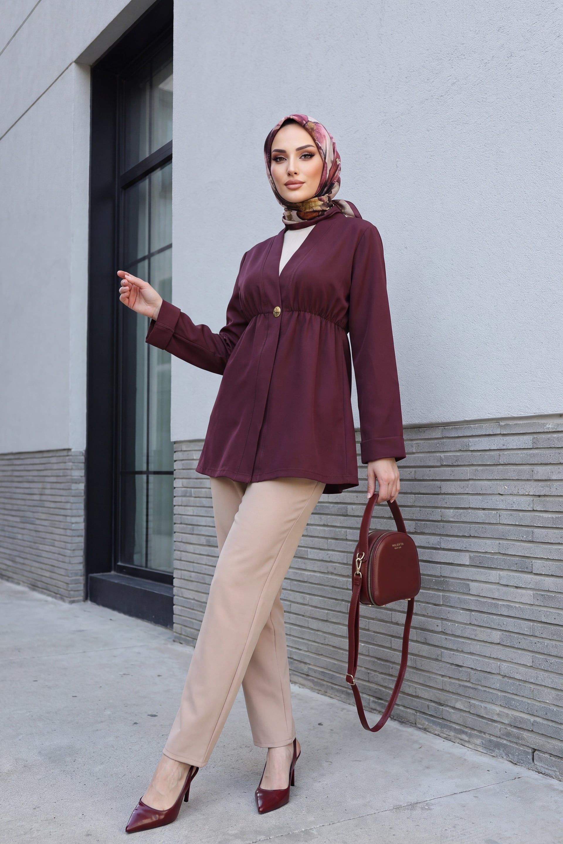 Elasticated Waist Folded Sleeve Single Button Crepe Kimono - Plum - Podyumplus - by Peralane - photo 6