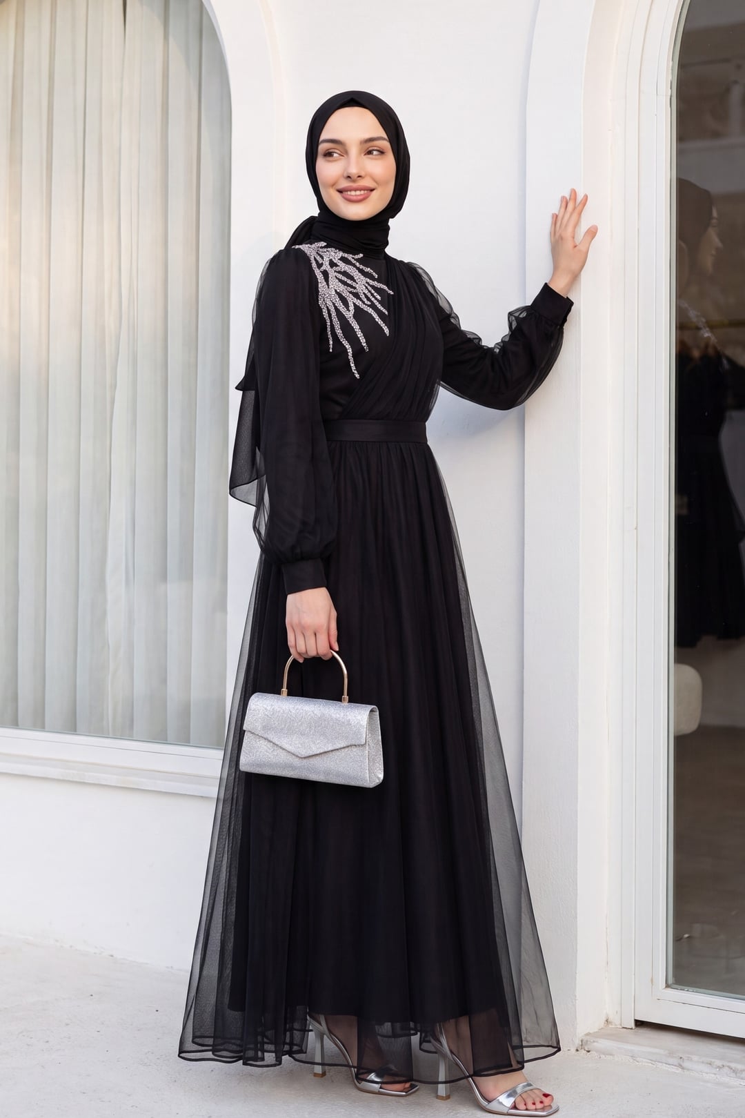 Black Sequin Embellished Tulle Evening Dress with Belt - Podyumplus - by Peralane - photo 5