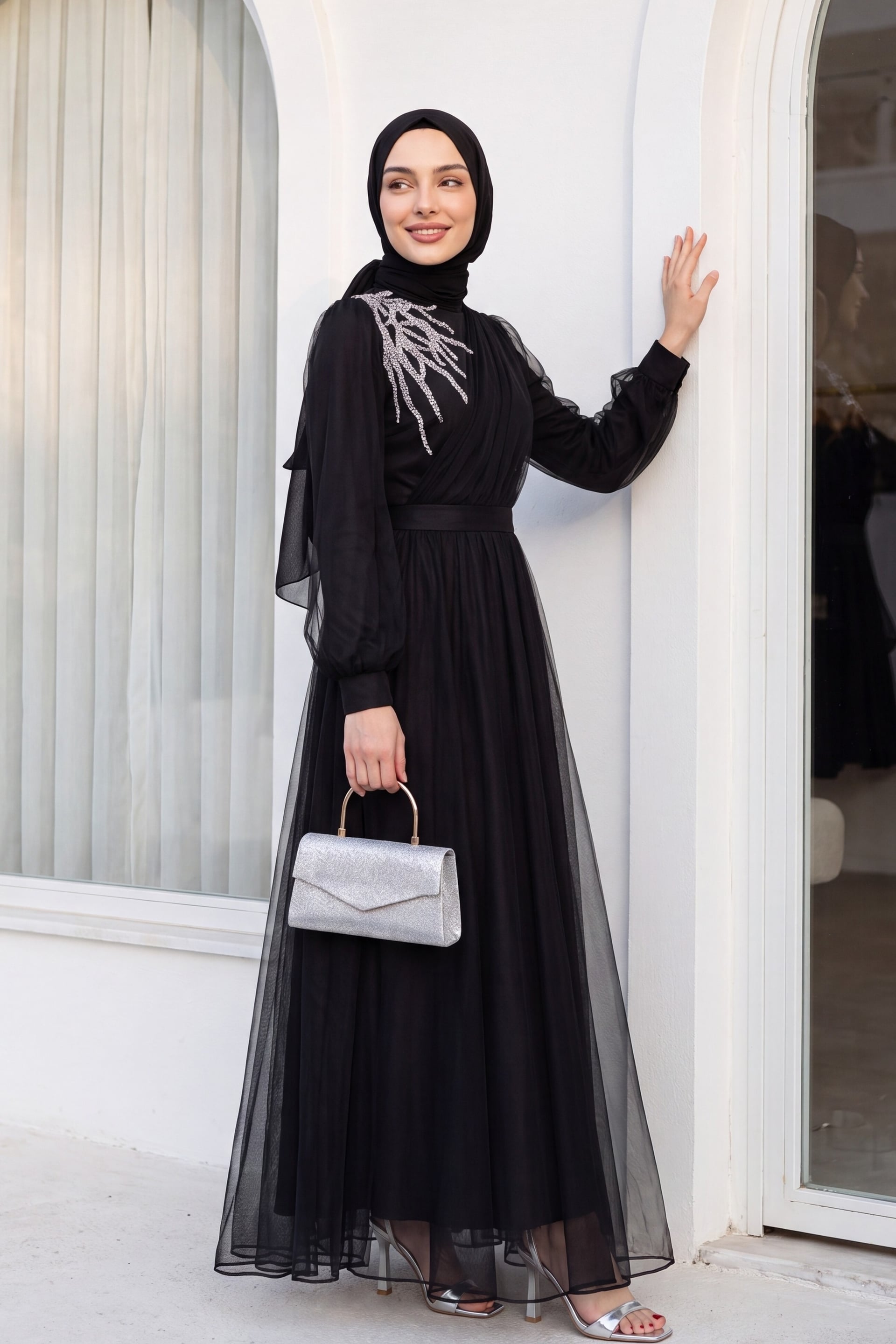 Black Sequin Embellished Tulle Evening Dress with Belt - Podyumplus - by Peralane - photo 5