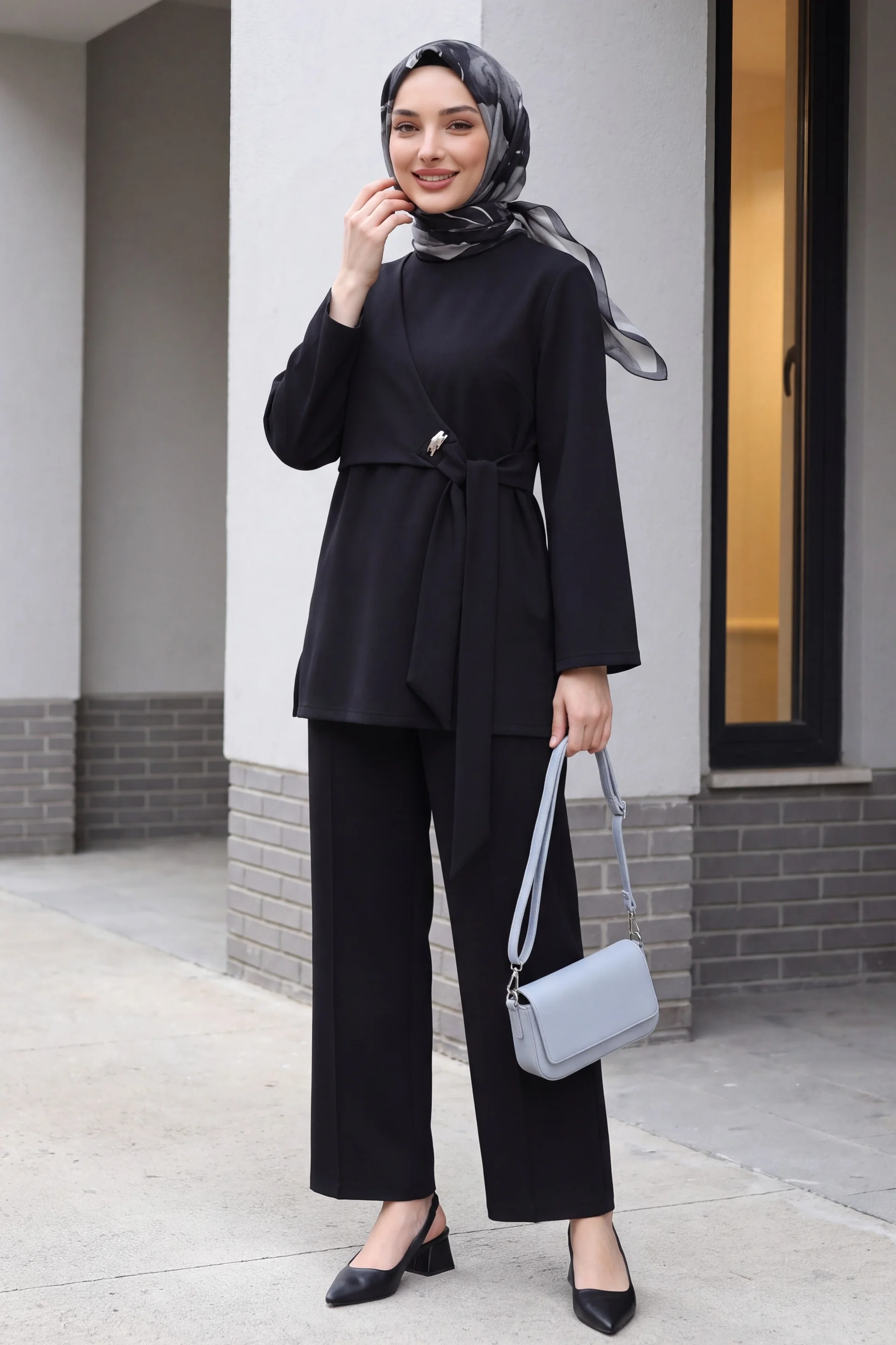 Black Scuba Wrap-Front Top and Wide-Leg Trousers Set - Podyumplus - by Peralane - photo 3