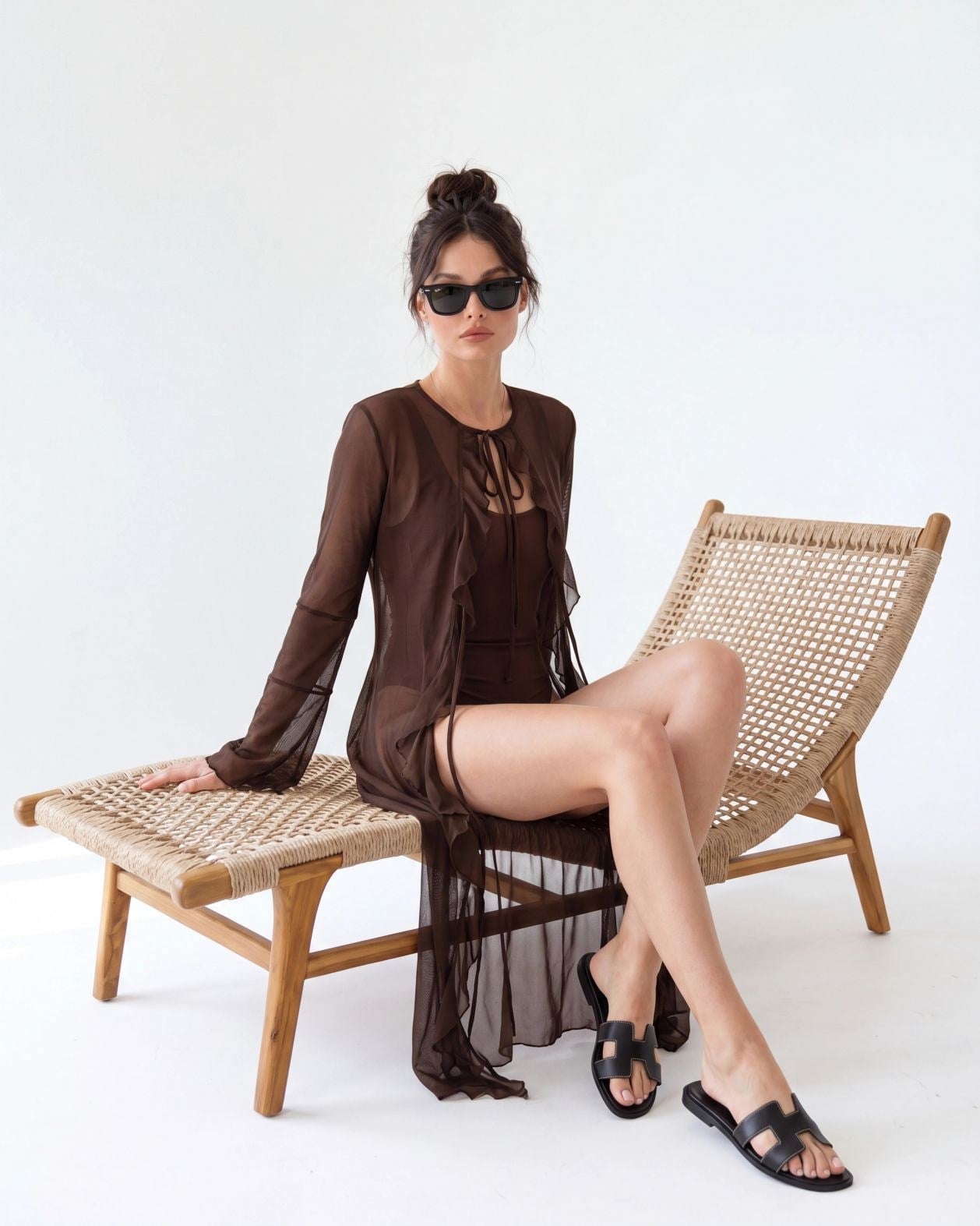 Dark Brown Sheer Ruffle Kimono with Tie Closure - Fame - by Peralane - photo 4