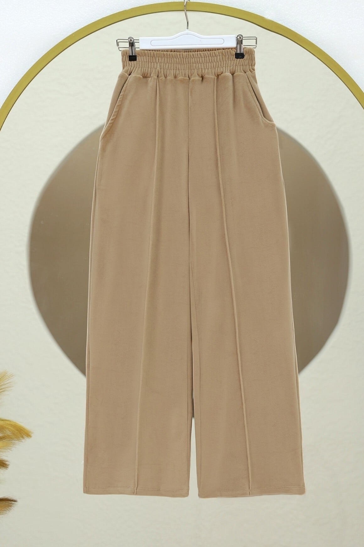 Wide-Leg Velvet Trousers with Drawstring Waist - Beige - Podyumplus - by Peralane - photo 7