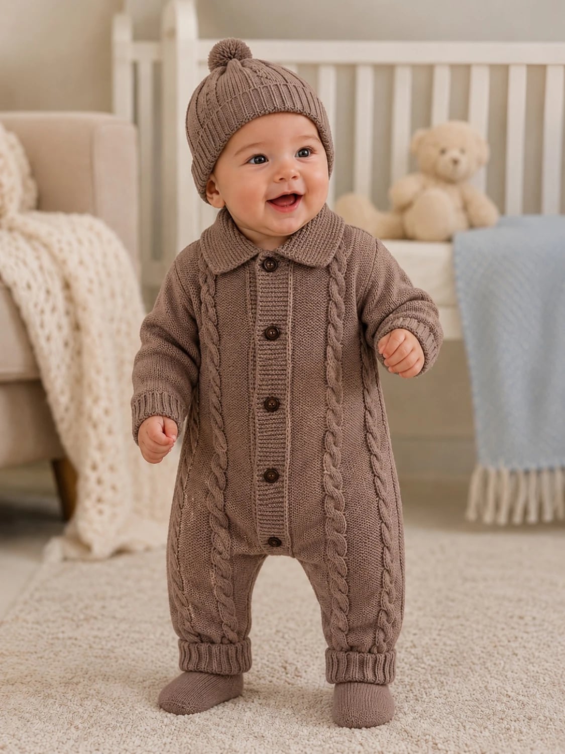 Knitted Baby Romper and Hat Set - Brown - Has Bereket - by Peralane