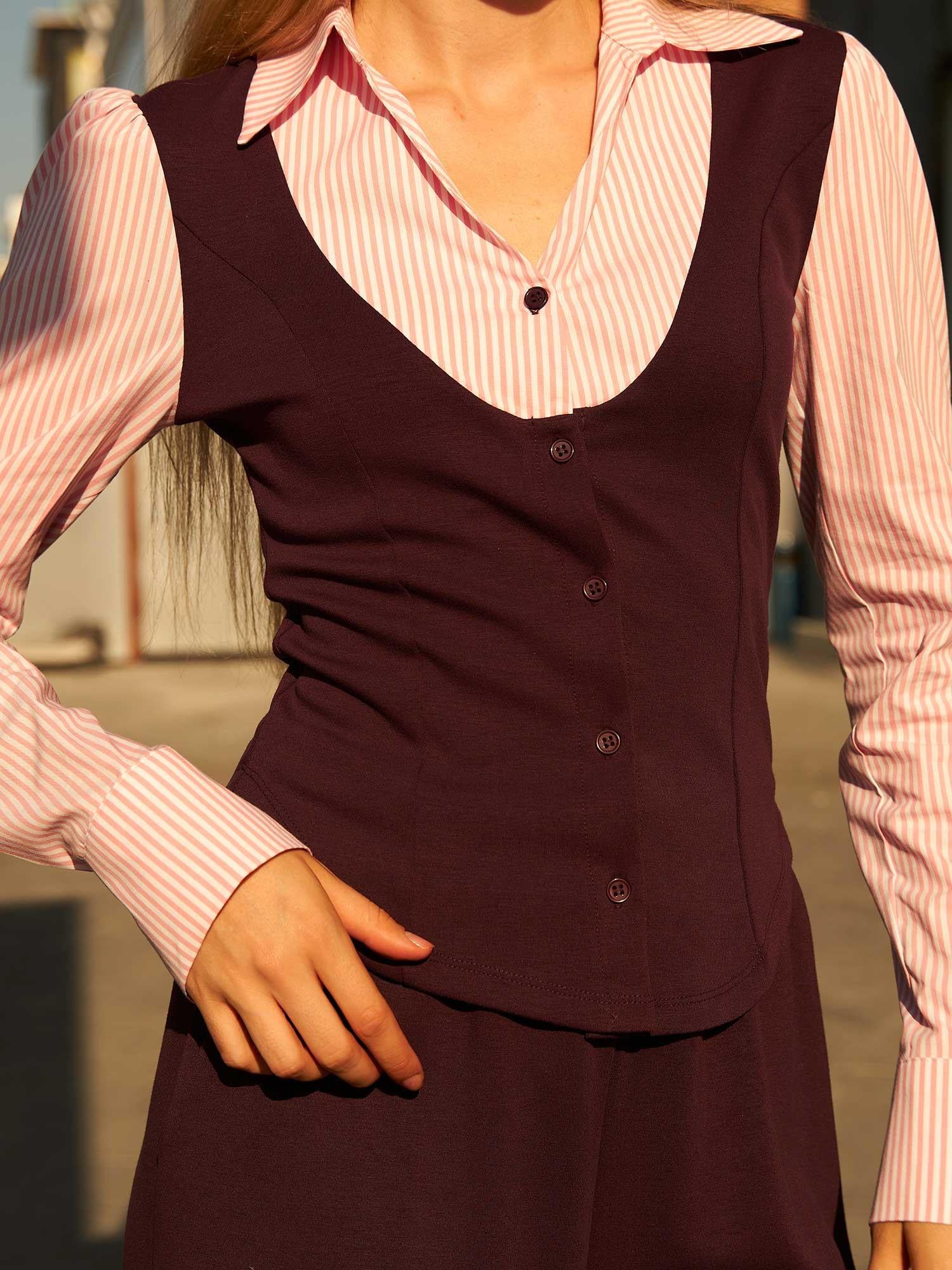 Women's Plum Vest-Look Blouse Set with Pink Striped Shirt - Lefon - by Peralane - photo 5