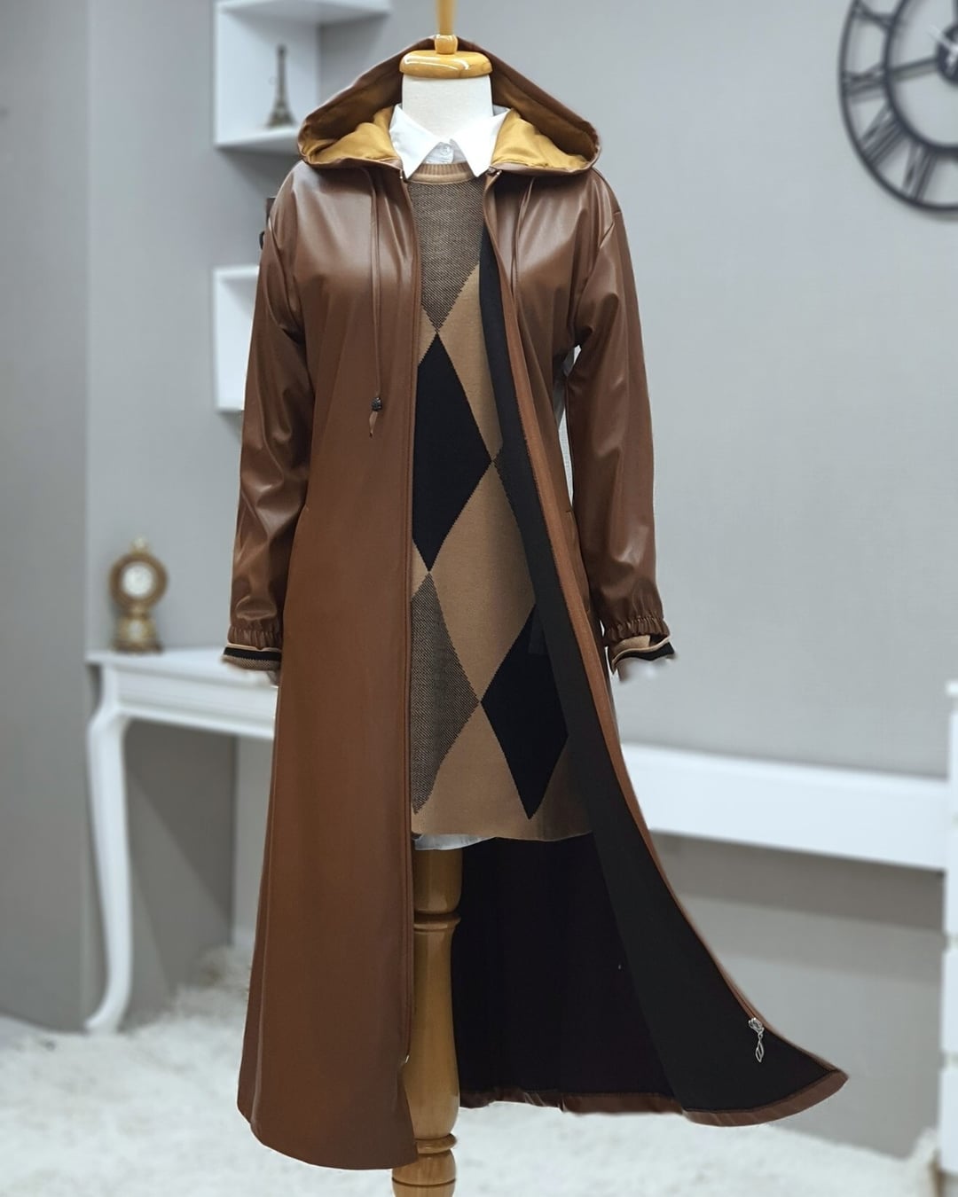 Hooded Zip-Front Faux-Leather Longline Jacket in Tan - Podyumplus - by Peralane - photo 3