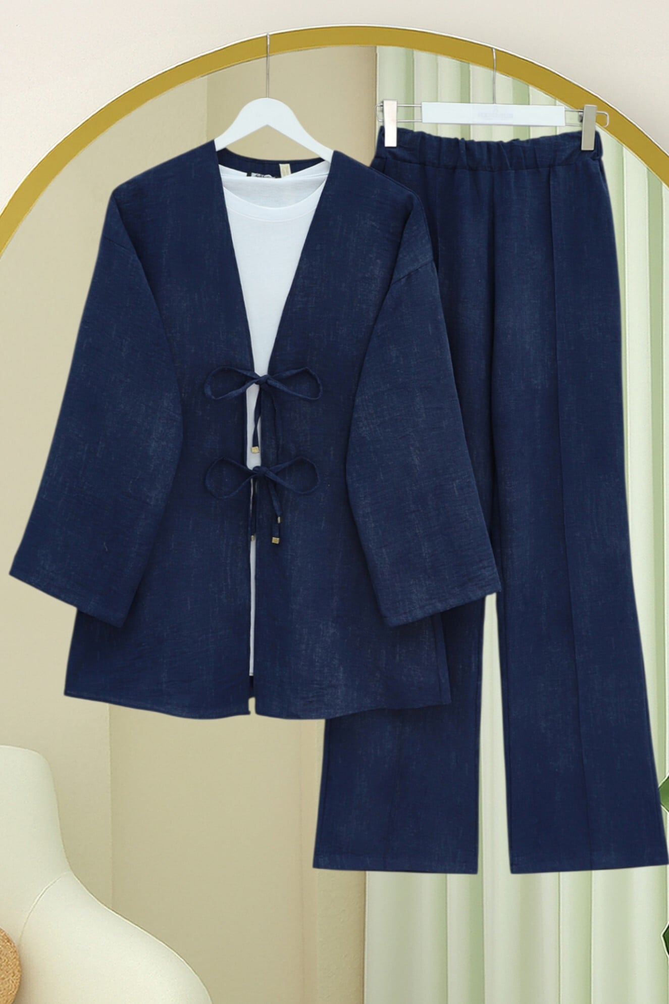 Navy Blue Tie-Front Linen-Look Kimono Set with Wide-Leg Trousers - Podyumplus - by Peralane - photo 3