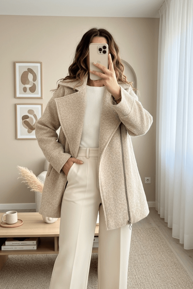 Beige Zip-Front Lined Boucle Jacket - Podyumplus - by Peralane