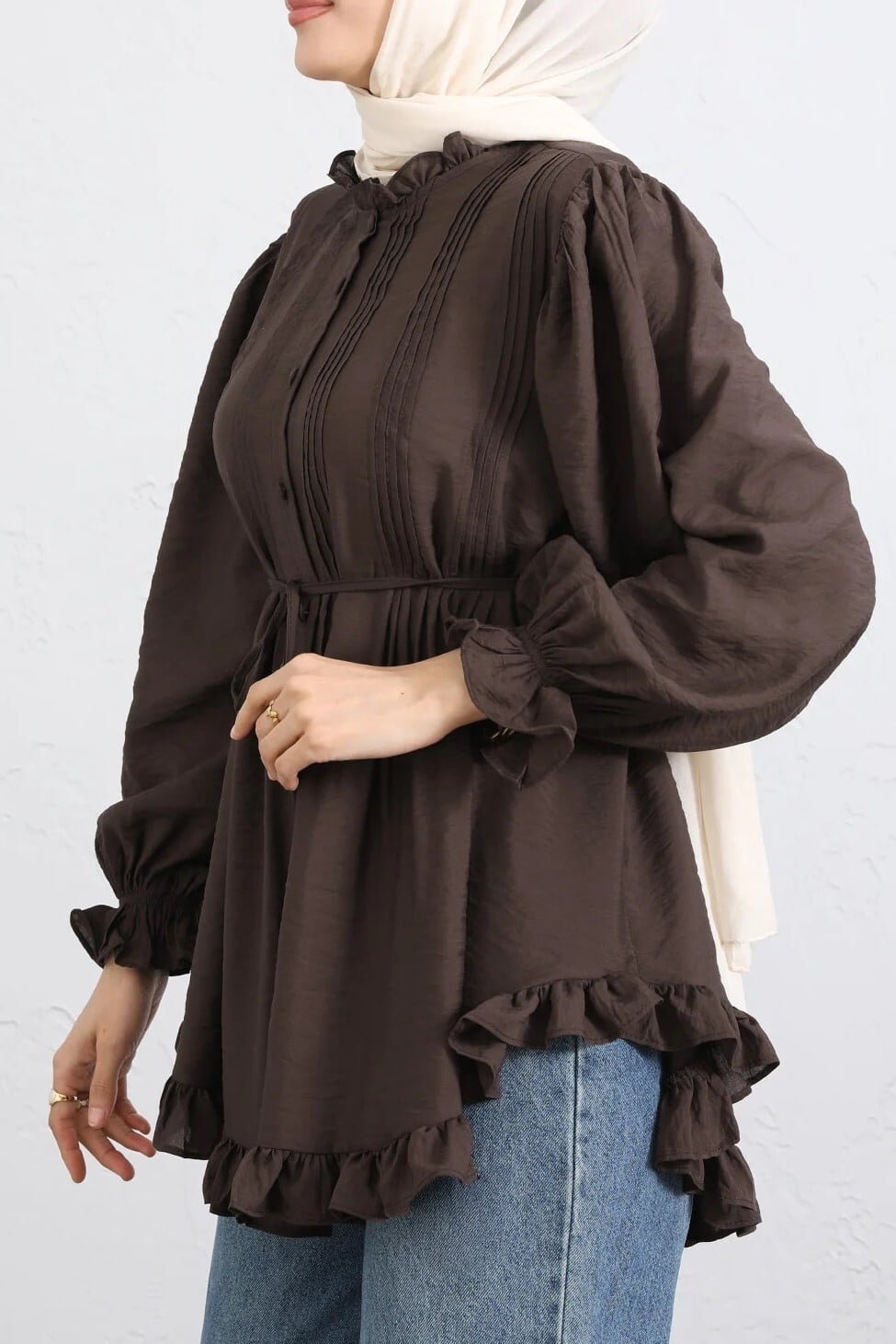 Ruffled Sleeve Lace-Up Ribbed Cupro Tunic - Dark Brown - Podyumplus - by Peralane - photo 7