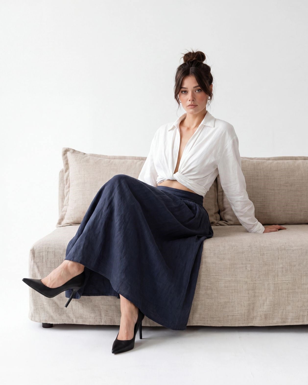 Women's Navy Blue Full-Length Linen Skirt - Fame - by Peralane - photo 4
