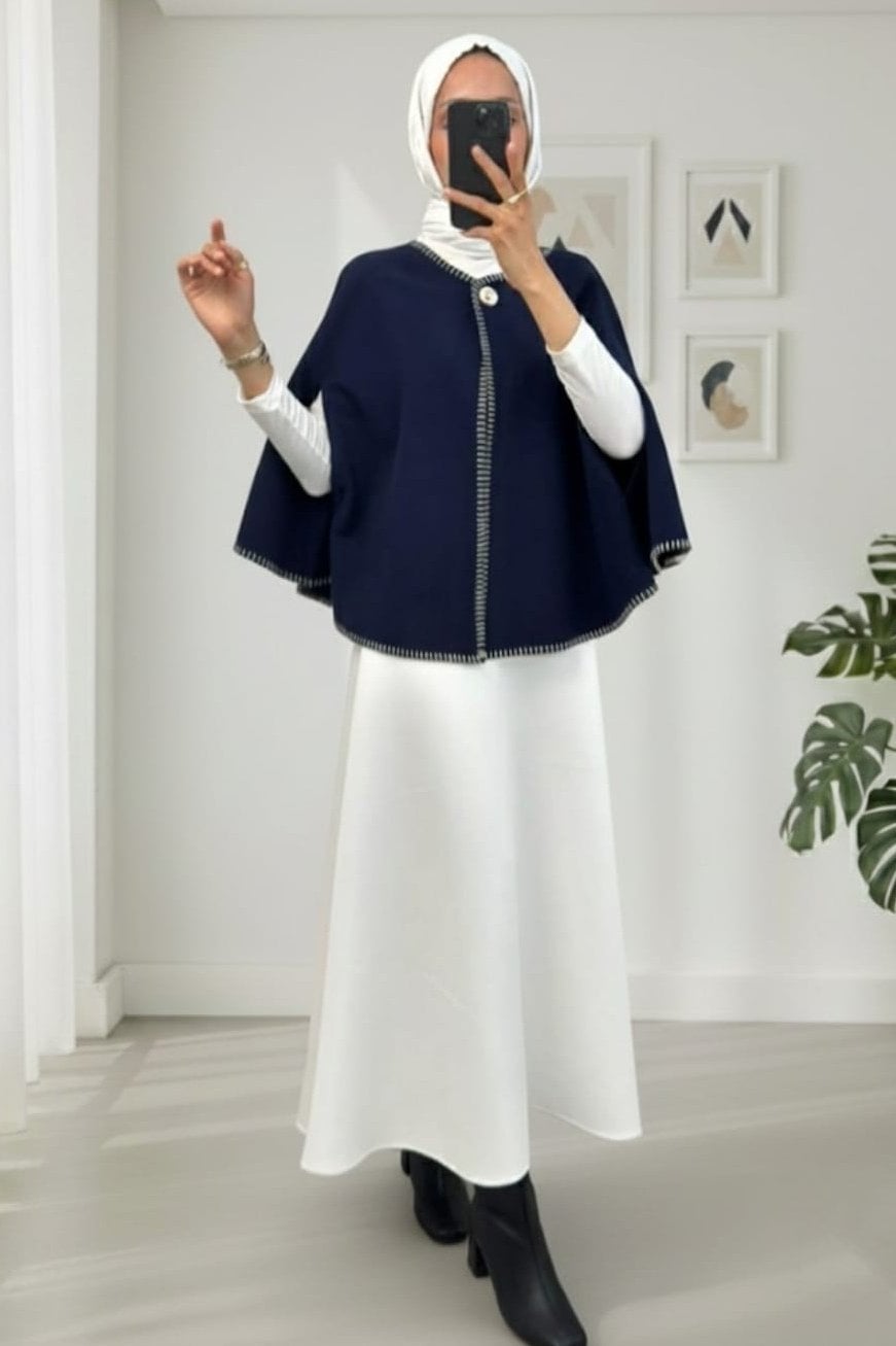 Navy Blue Wool Blend Pancho with Pockets - Podyumplus - by Peralane - photo 3