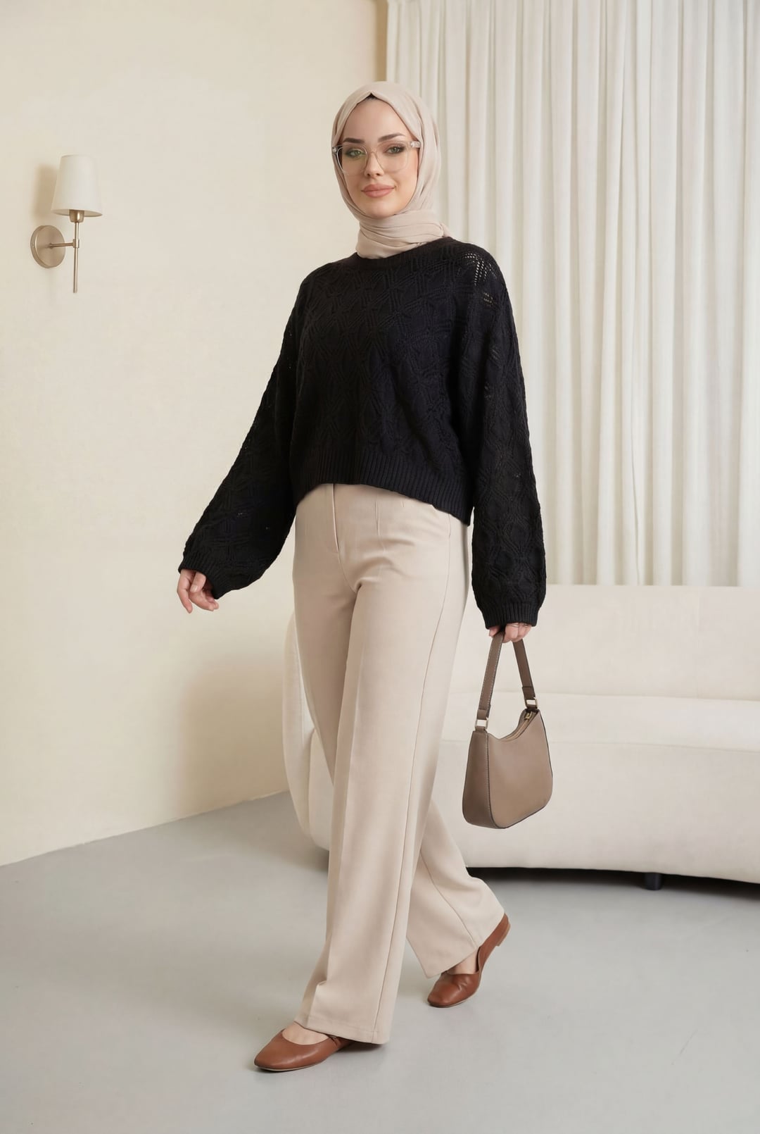 Round Neck Batwing Sleeve Lace Knit Sweater - Black - Podyumplus - by Peralane
