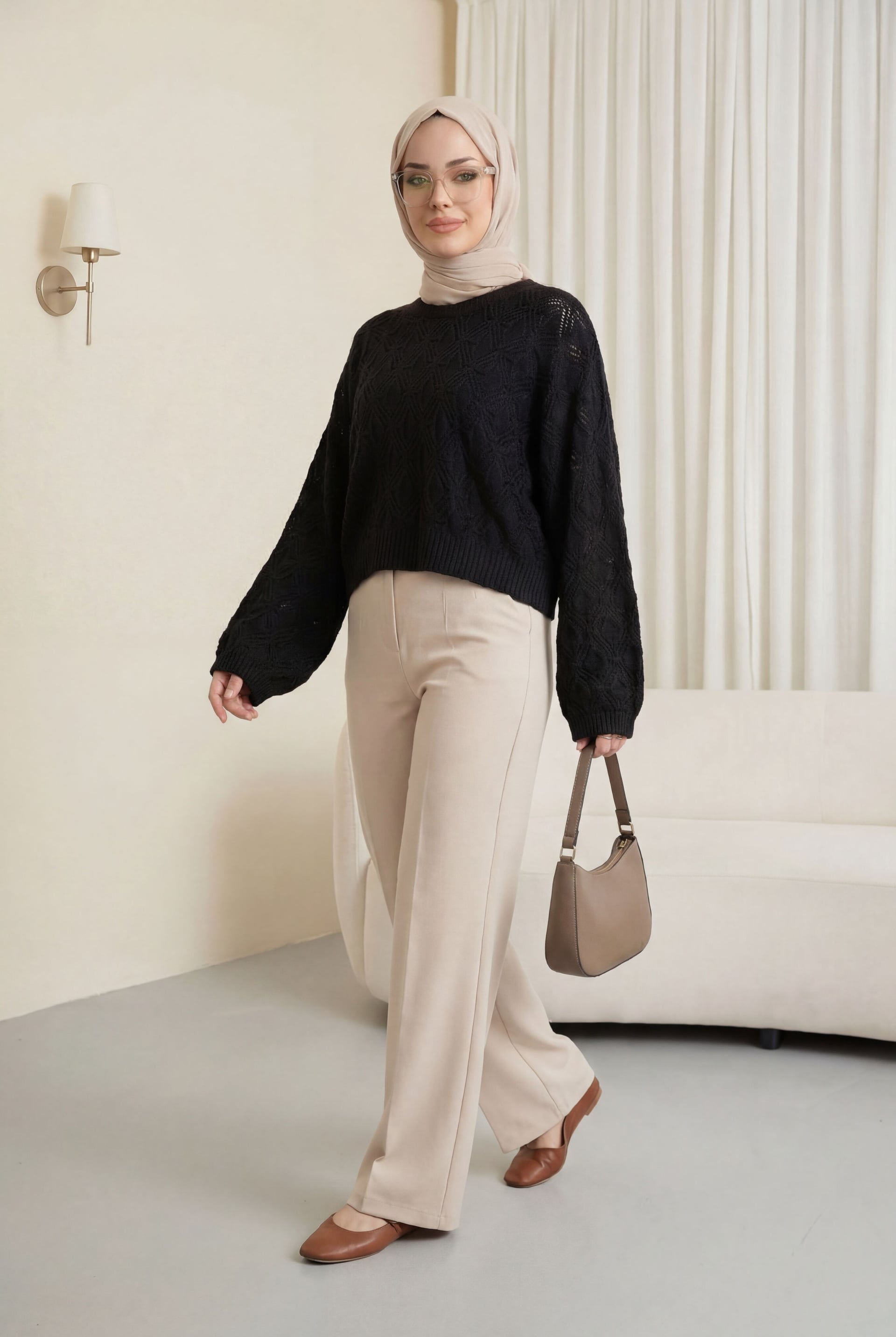 Round Neck Batwing Sleeve Lace Knit Sweater - Black - Podyumplus - by Peralane