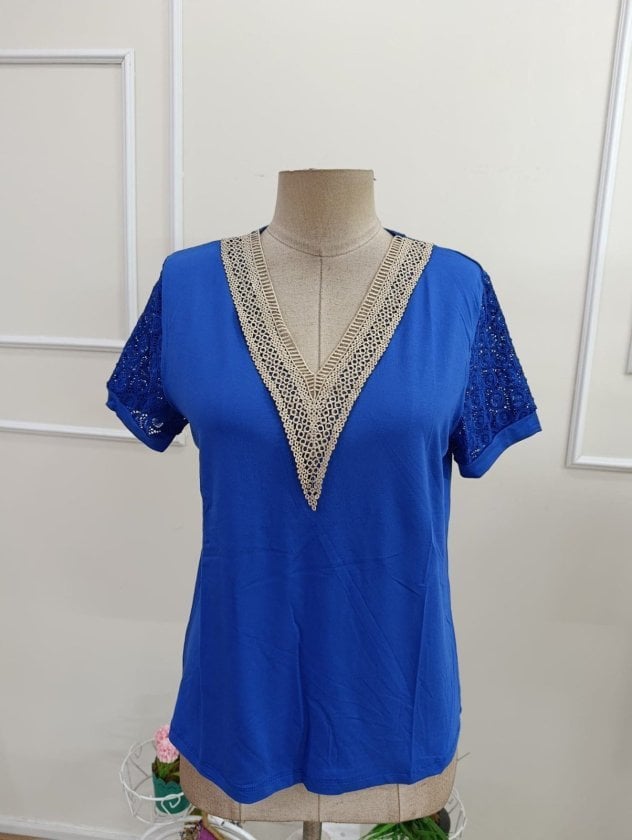 Women's Short Sleeve V-Neck Lace Trim Viscose Blouse - Janes - by Peralane - photo 5