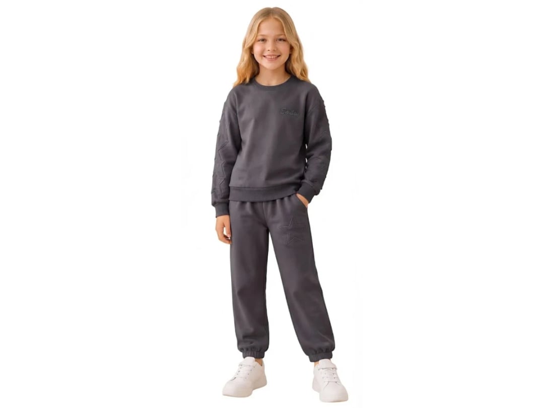 Girls' Tracksuit Set with Star Embroidery - Dark Grey - Palm Life - by Peralane