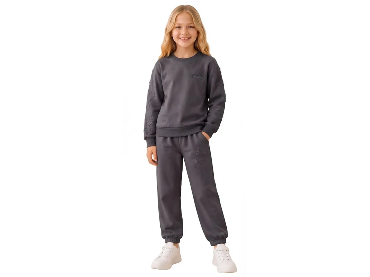 Girls' Tracksuit Set with Star Embroidery - Dark Grey - Palm Life - by Peralane