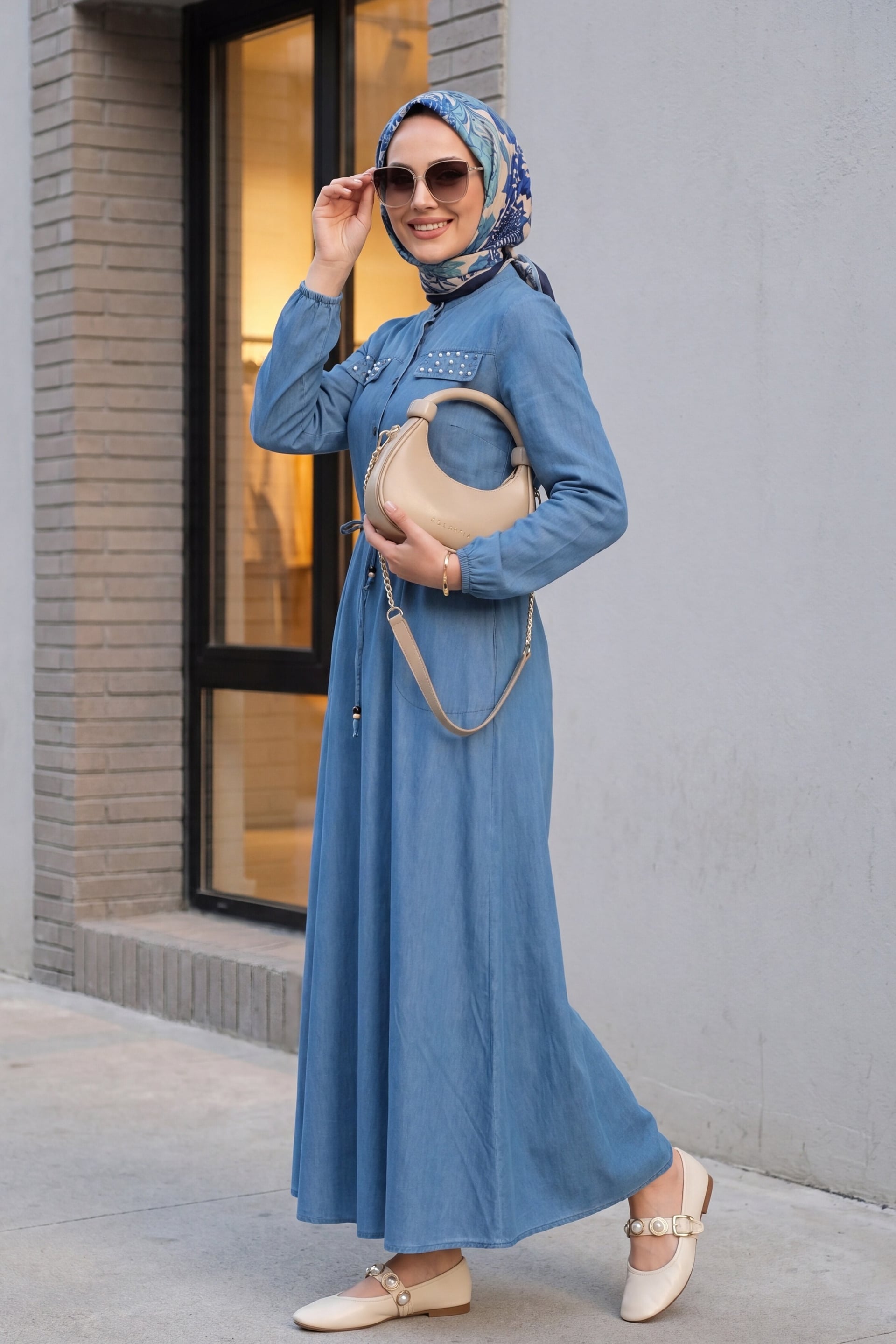 Pearl Detail Tunnel Lace-Up Long Denim Dress - Ice Blue - Podyumplus - by Peralane - photo 2