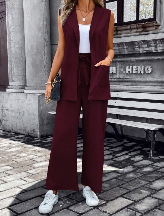 Women's Sleeveless Open-Front Pocket Crepe Vest and Trousers Two-Piece Set - Janes - by Peralane - photo 2
