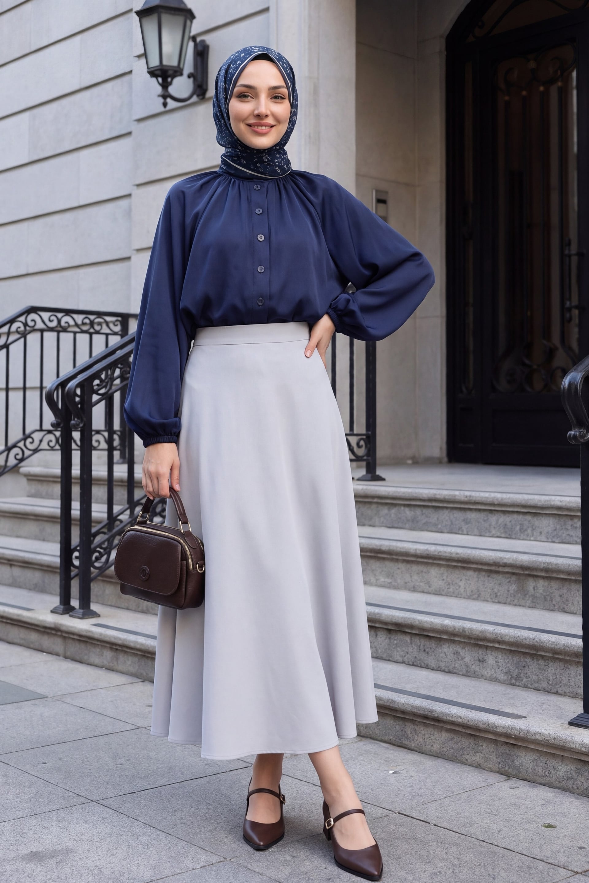Navy Diagonal Blouse with High Collar and Elasticated Waist and Cuffs - Podyumplus - by Peralane - photo 4