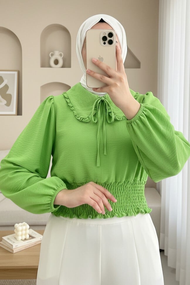 Elasticated Waist Peter Pan Collar Long Sleeve Blouse - Green - Podyumplus - by Peralane