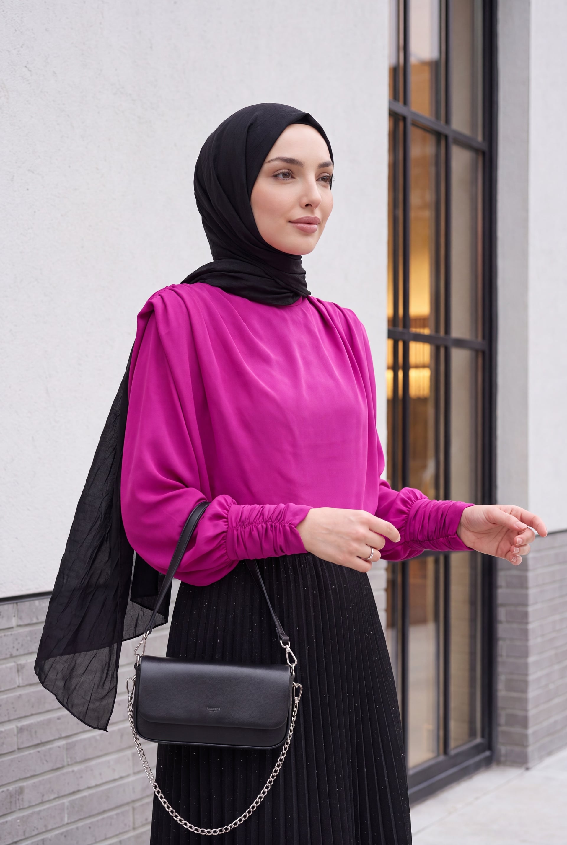 Padded Shoulder Blouse with Gathered Cuffs - Pink - Podyumplus - by Peralane - photo 2