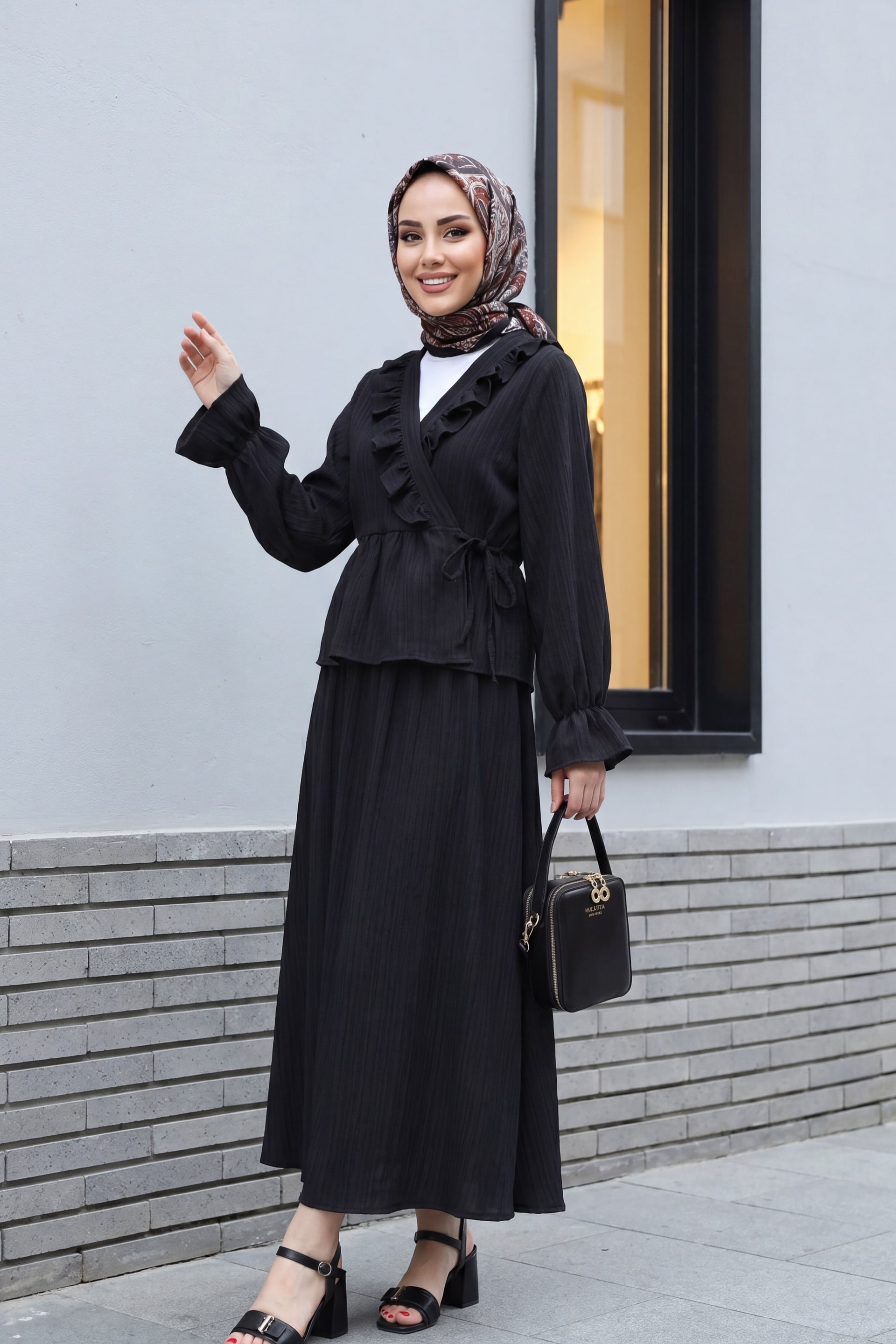 Ruffled Neck Tie-Front Kimono and Skirt Set - Black - Podyumplus - by Peralane