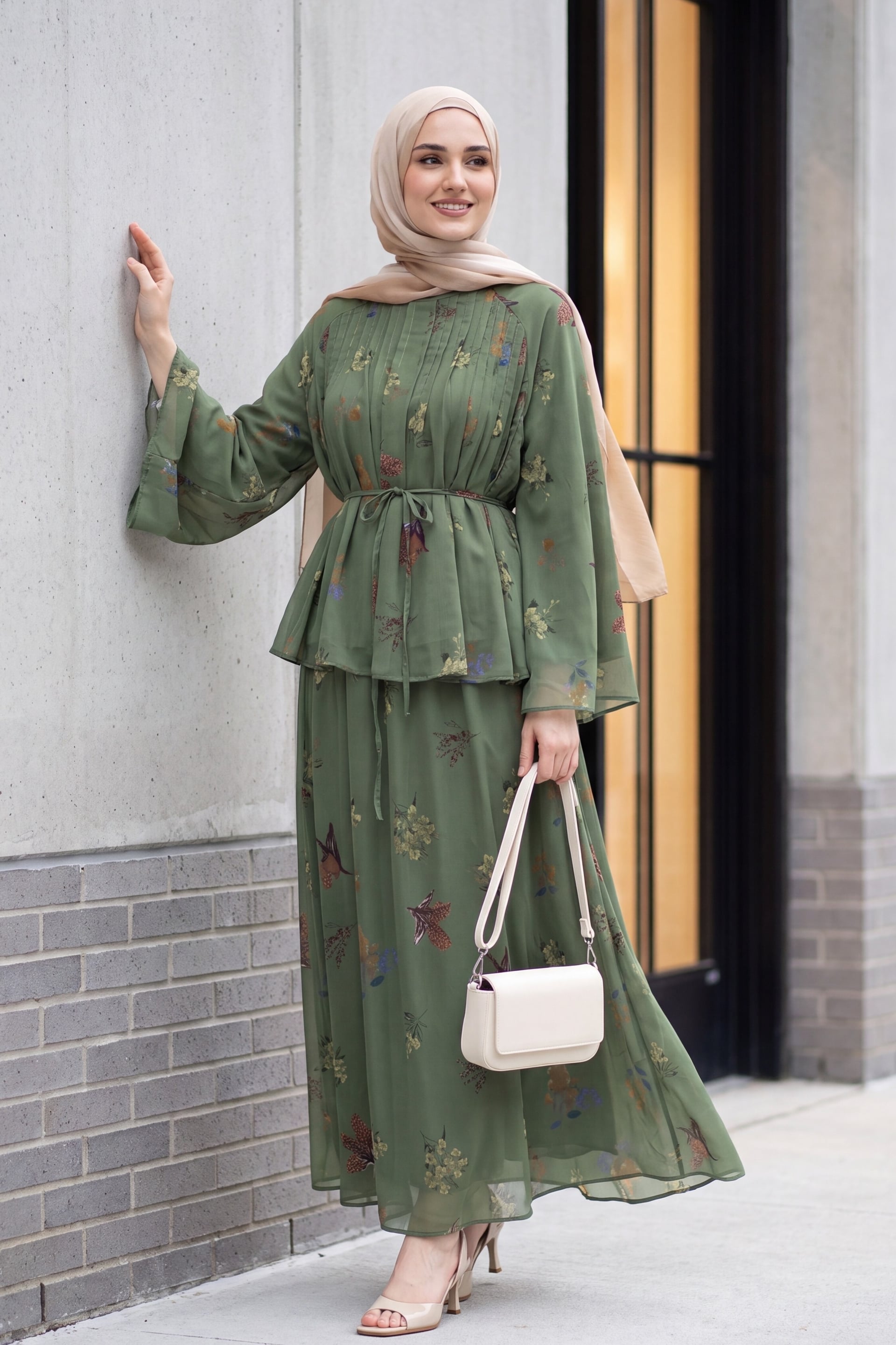 Women's Floral Print Chiffon Co-ord Set with Long Skirt - Olive Green - Podyumplus - by Peralane - photo 3