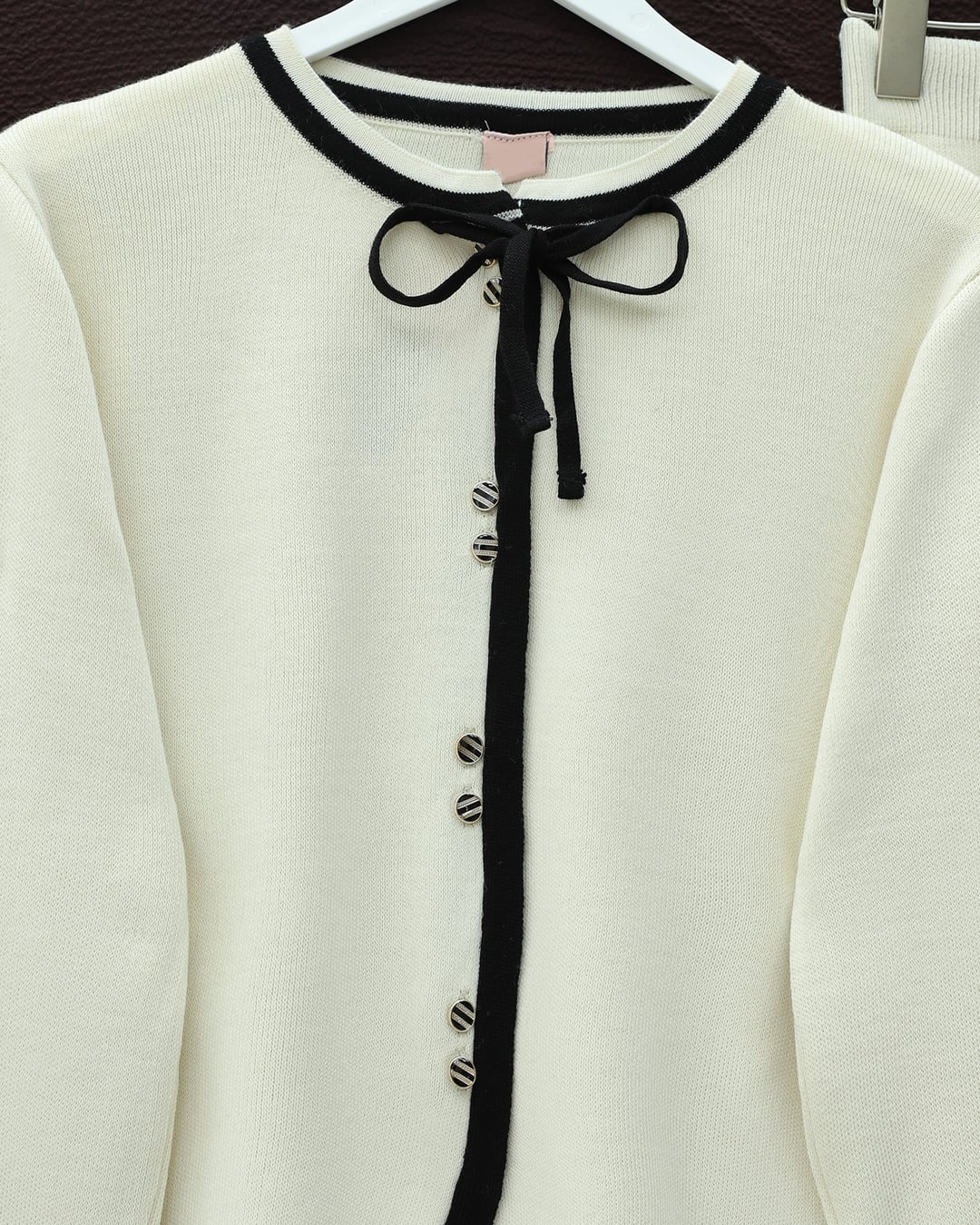 Cream Lace-Up Striped Button Skirt Knit Co-ord Set - Podyumplus - by Peralane - photo 6