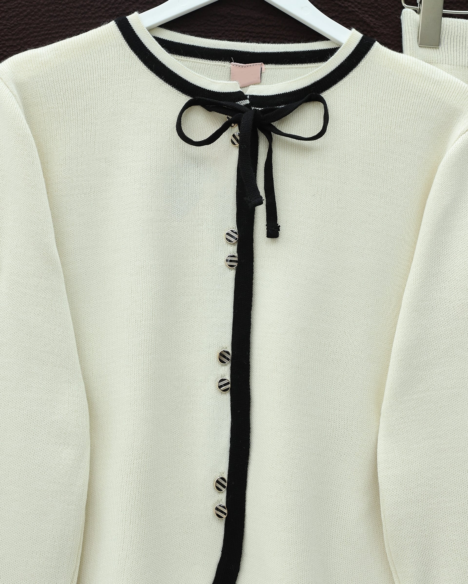 Cream Lace-Up Striped Button Skirt Knit Co-ord Set - Podyumplus - by Peralane - photo 6