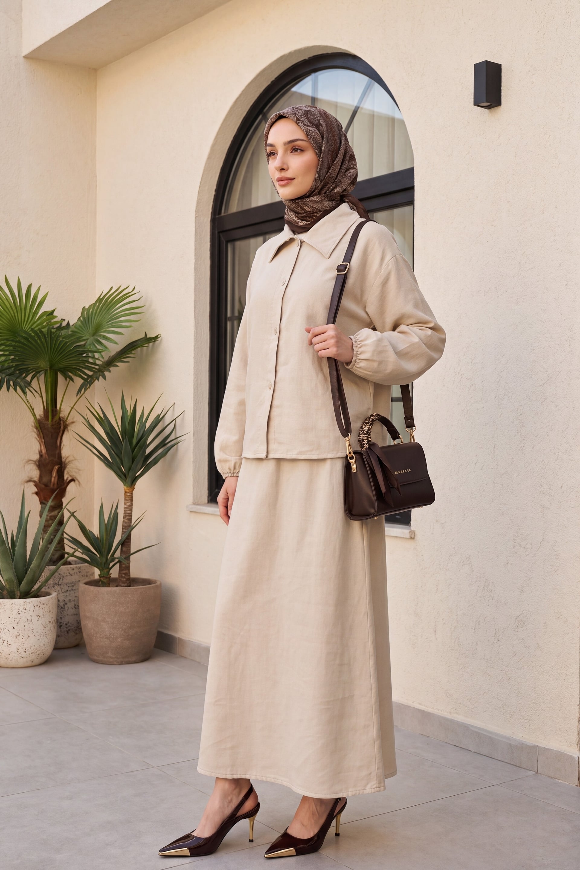 Muslin Two-Piece Set with Long-Sleeve Blouse and A-Line Maxi Skirt - Stone - Podyumplus - by Peralane - photo 2