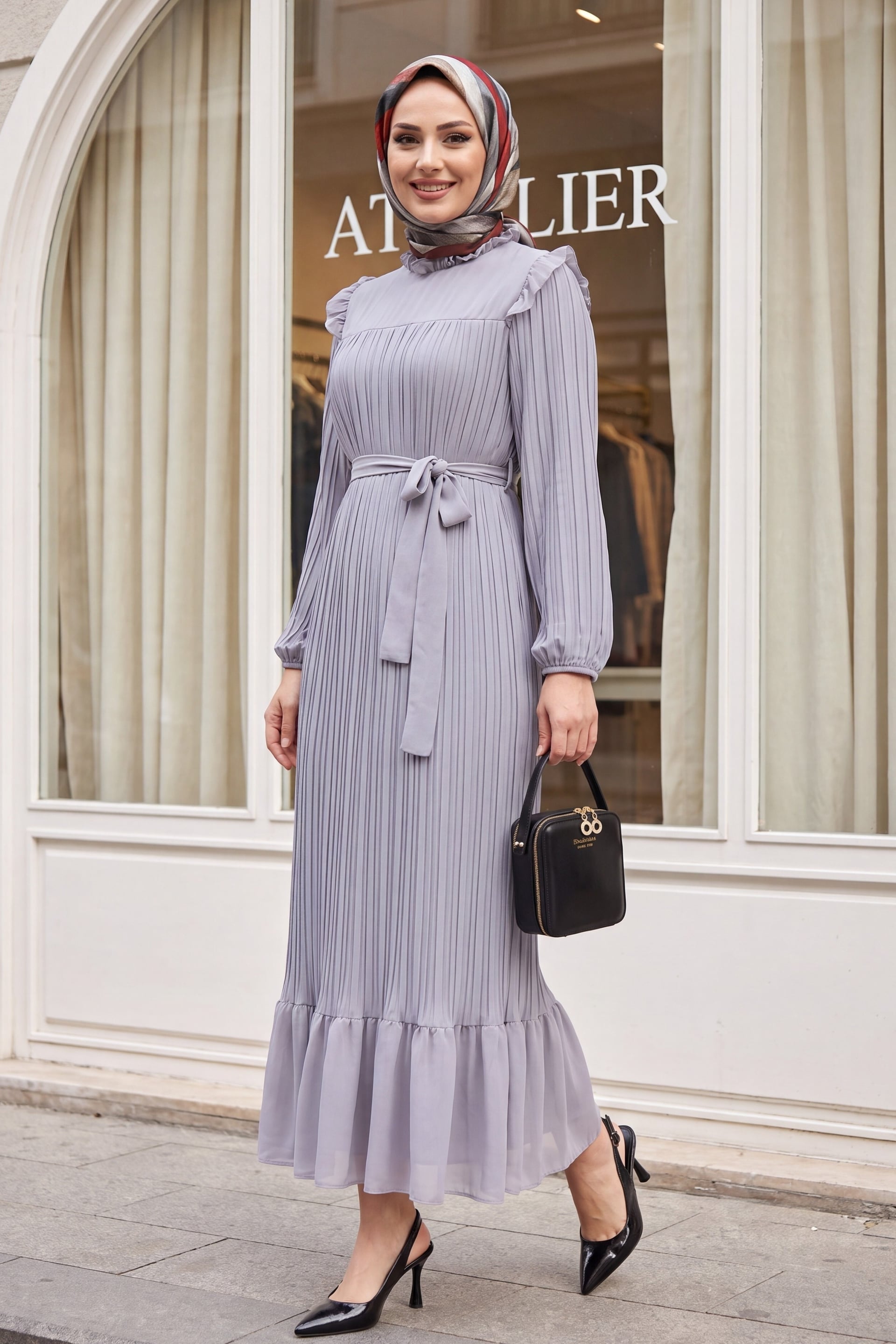 Women's Pleated Modest Dress with Ruffled Details - Grey - Podyumplus - by Peralane - photo 4