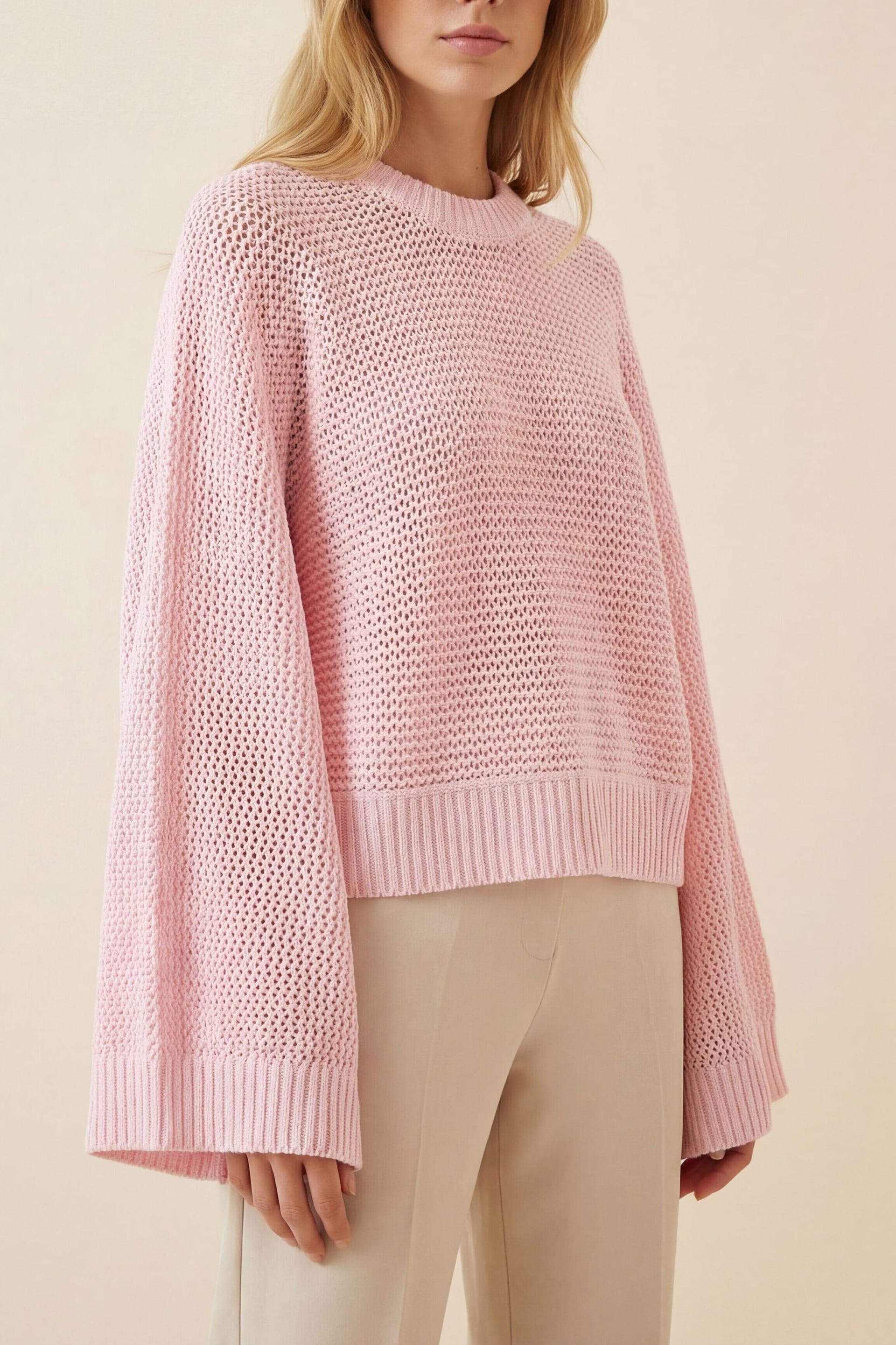 Batwing Sleeve Open-Knit Sweater - Powder - Podyumplus - by Peralane