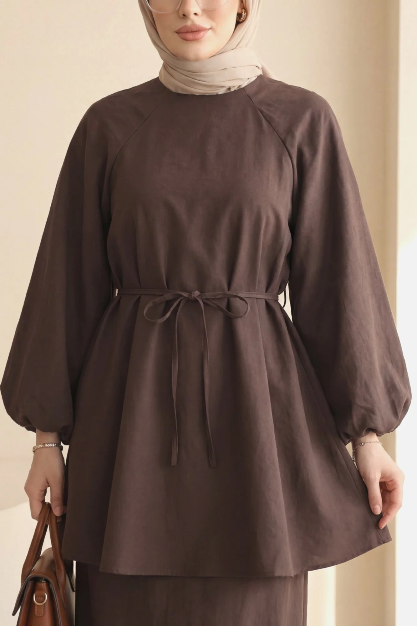 Round Neck Tie Waist Balloon Sleeve Tunic - Brown - Podyumplus - by Peralane - photo 4