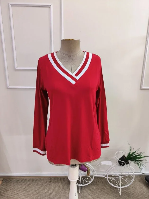 Women's Long-Sleeved V-Neck Knit Blouse in Red with White Stripe Cuffs - Janes - by Peralane - photo 4