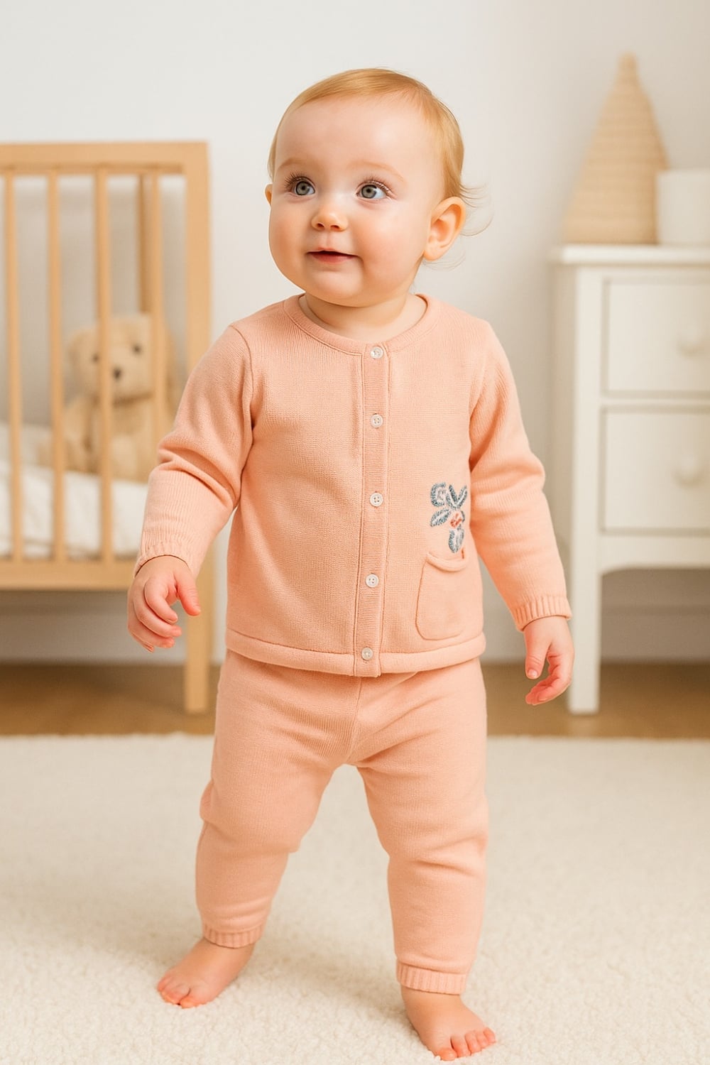 Knitted 2-Piece Baby Set with Pockets and Embroidery Details - Salmon - Has Bereket - by Peralane