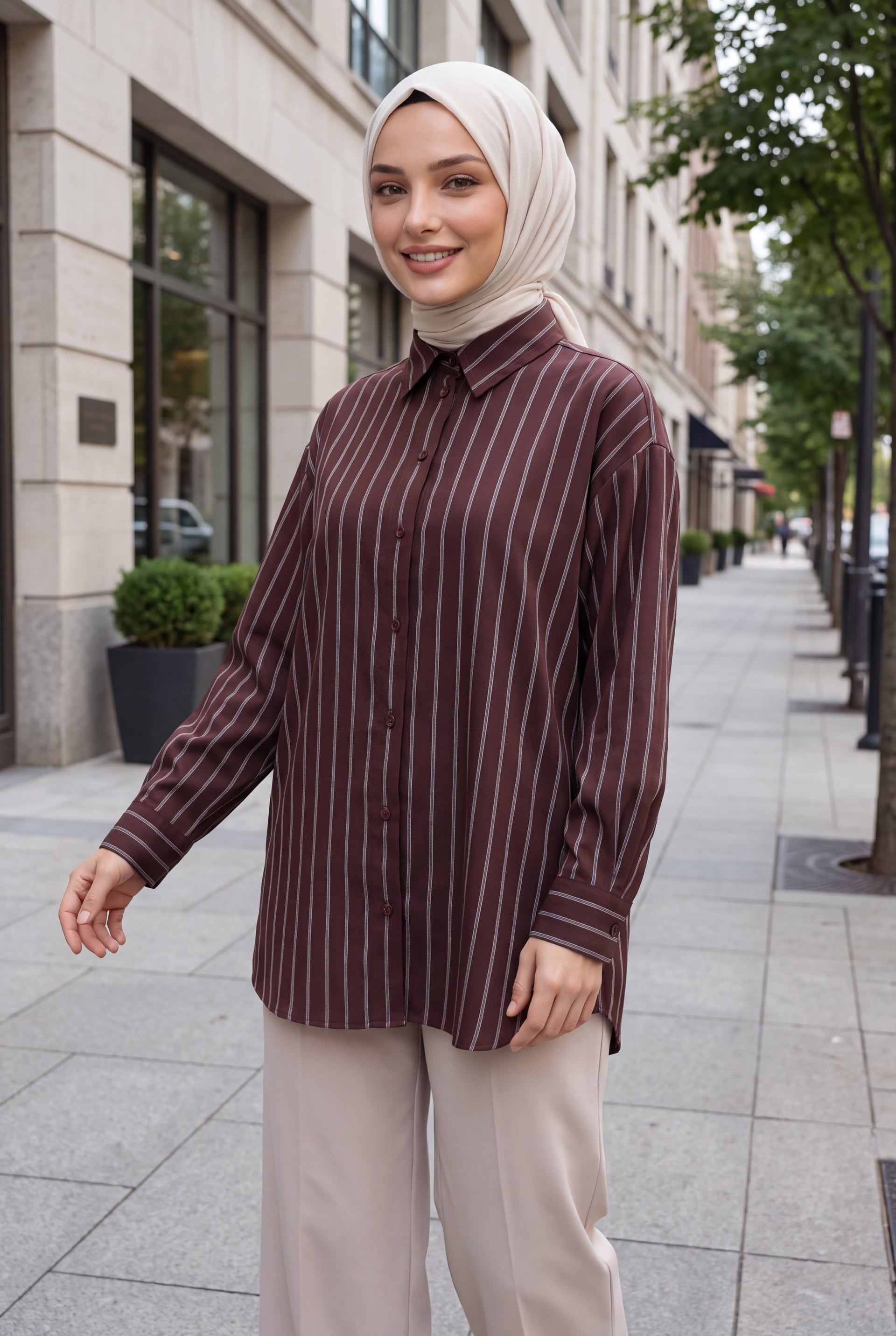 Striped Buttoned Oval Cut Linen Look Shirt - Dark Purple - Podyumplus - by Peralane
