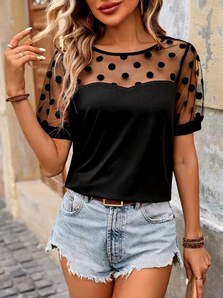 Women's Short Sleeve Bike Neck Polka Dot Sleeve Viscose Blouse - Janes - by Peralane - photo 3