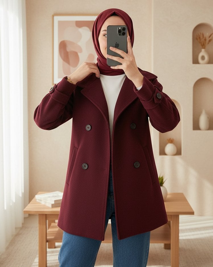 Women's Belted Wool-Blend Coat - Burgundy - Bigdart - by Peralane