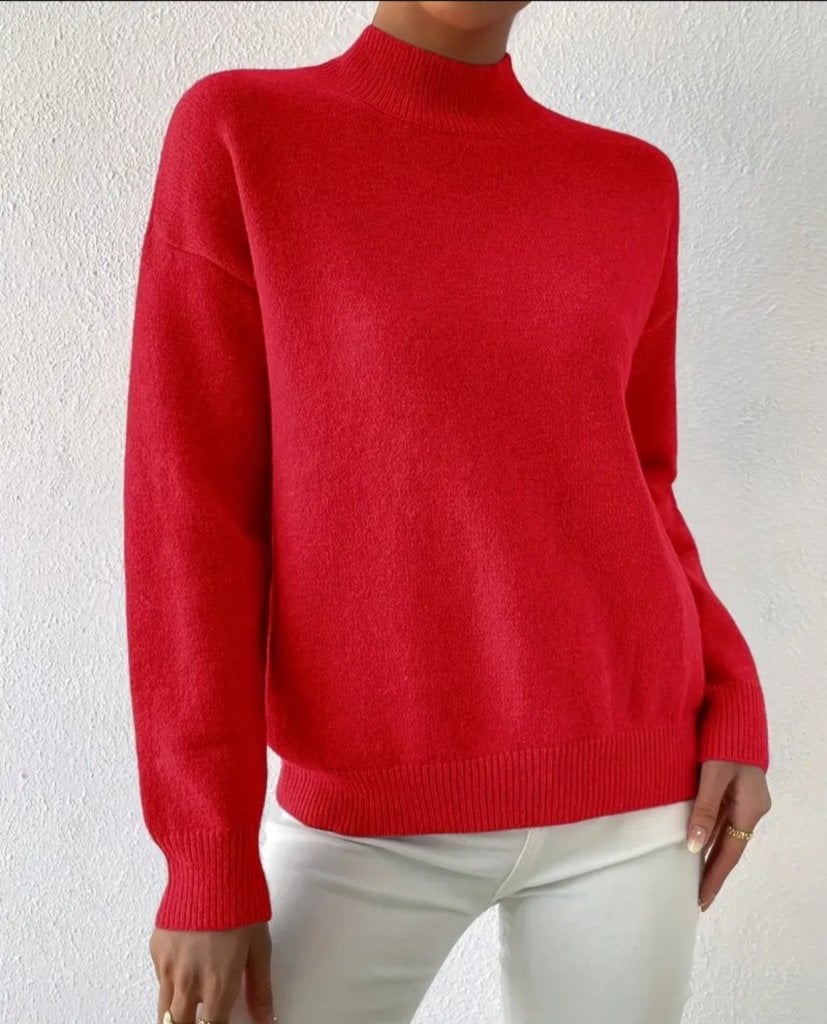 Women's Long-Sleeved Mock Neck Knit Sweater in Red - Janes - by Peralane