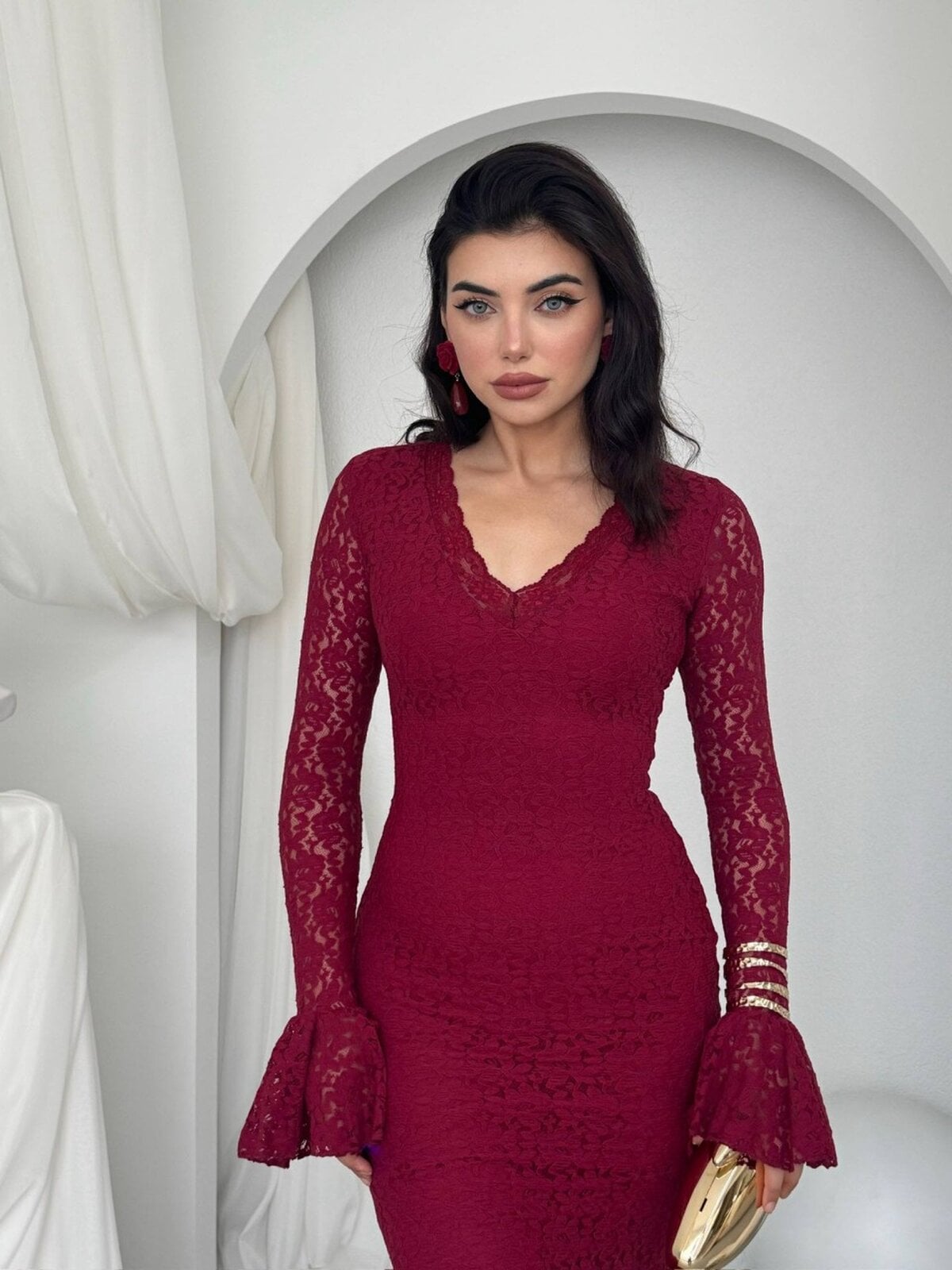 Seyla Midi Lace Dress in Deep Red - ETK-01026-bordo - Etika - by Peralane